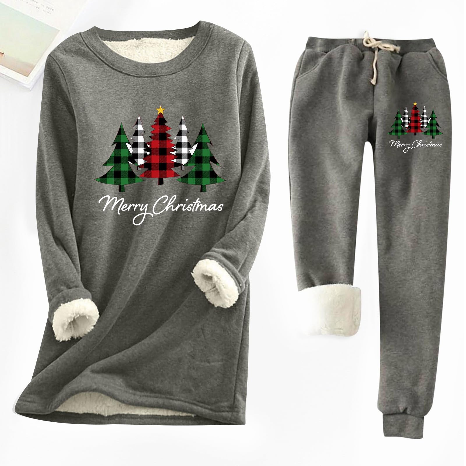 Pijama de Navidad para mujer, traje térmico estampado de felpa, dos piezas, cuello redondo, forro polar y pantalones térmicos, traje de casa suave y ligero, ropa de salón térmica