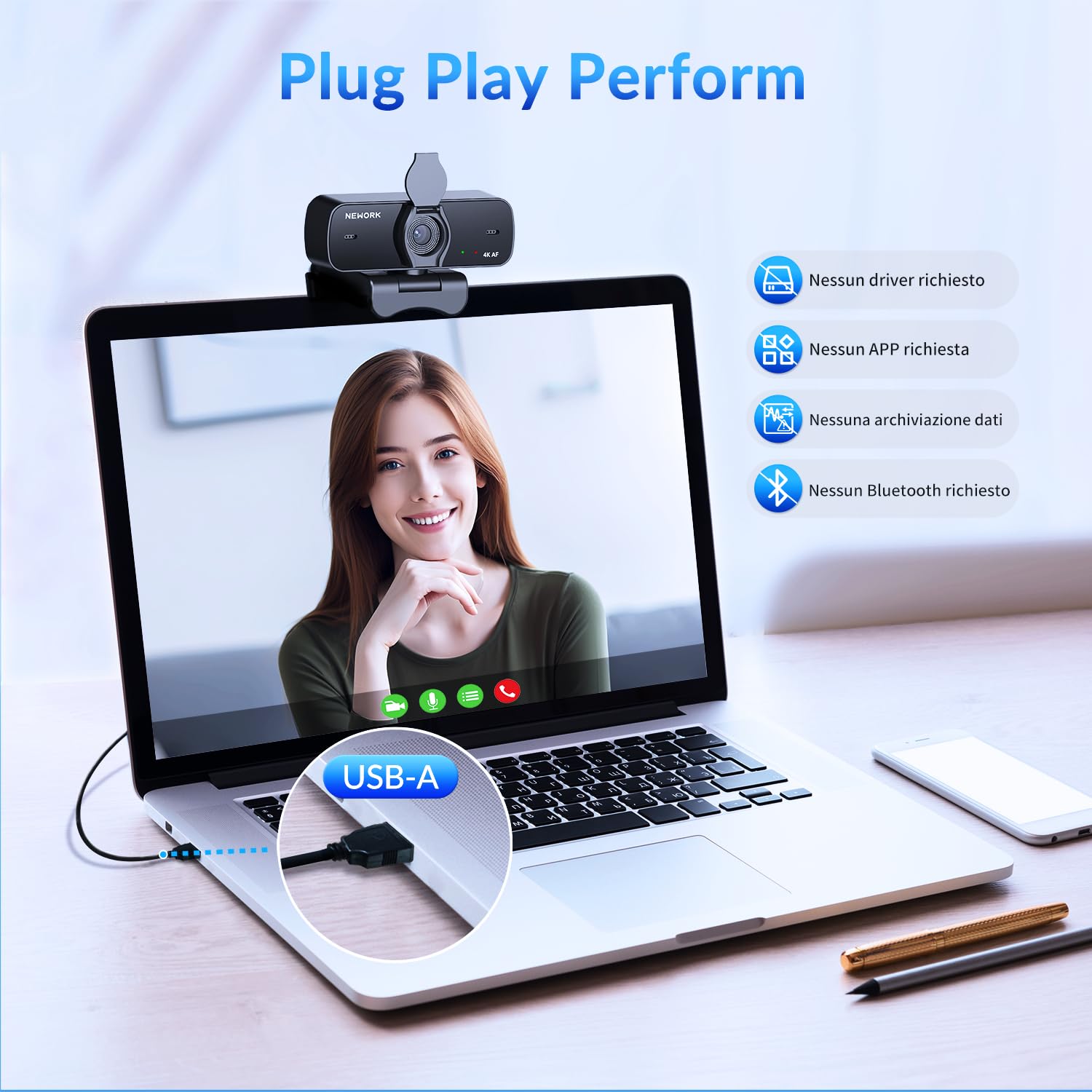 Webcam 4K per PC, 4K UHD 1/2.55" Sensore Sony, Auto Focus, Copertura Privacy e Treppiede, Doppio Microfono con Cancellazione del Rumore, Plug&Play, 77° FOV, Webcam per Streaming, Videochiamate