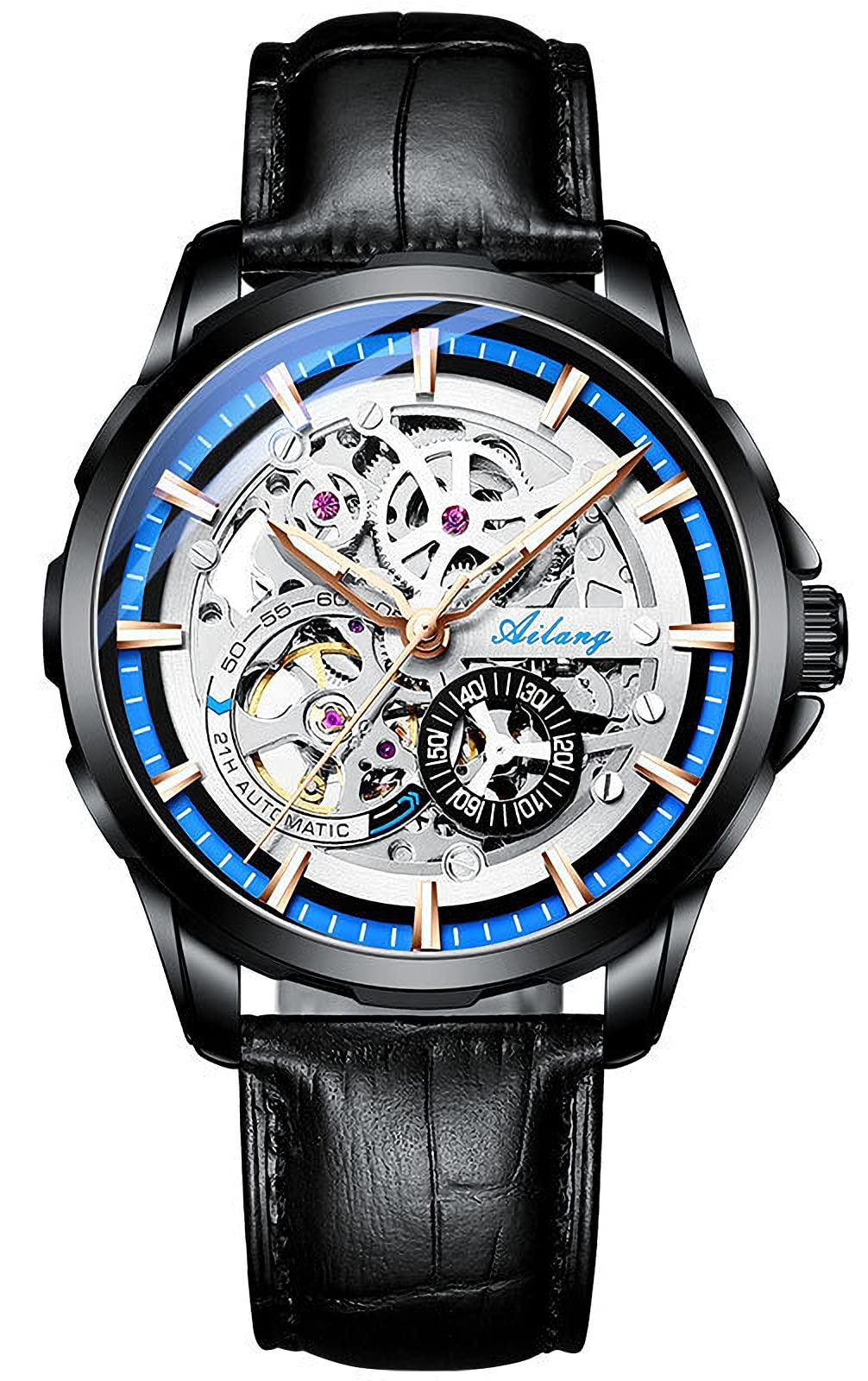 TEINTOPSkeleton Watches for Men with Steampunk Automatic Leather Band Wristwatch