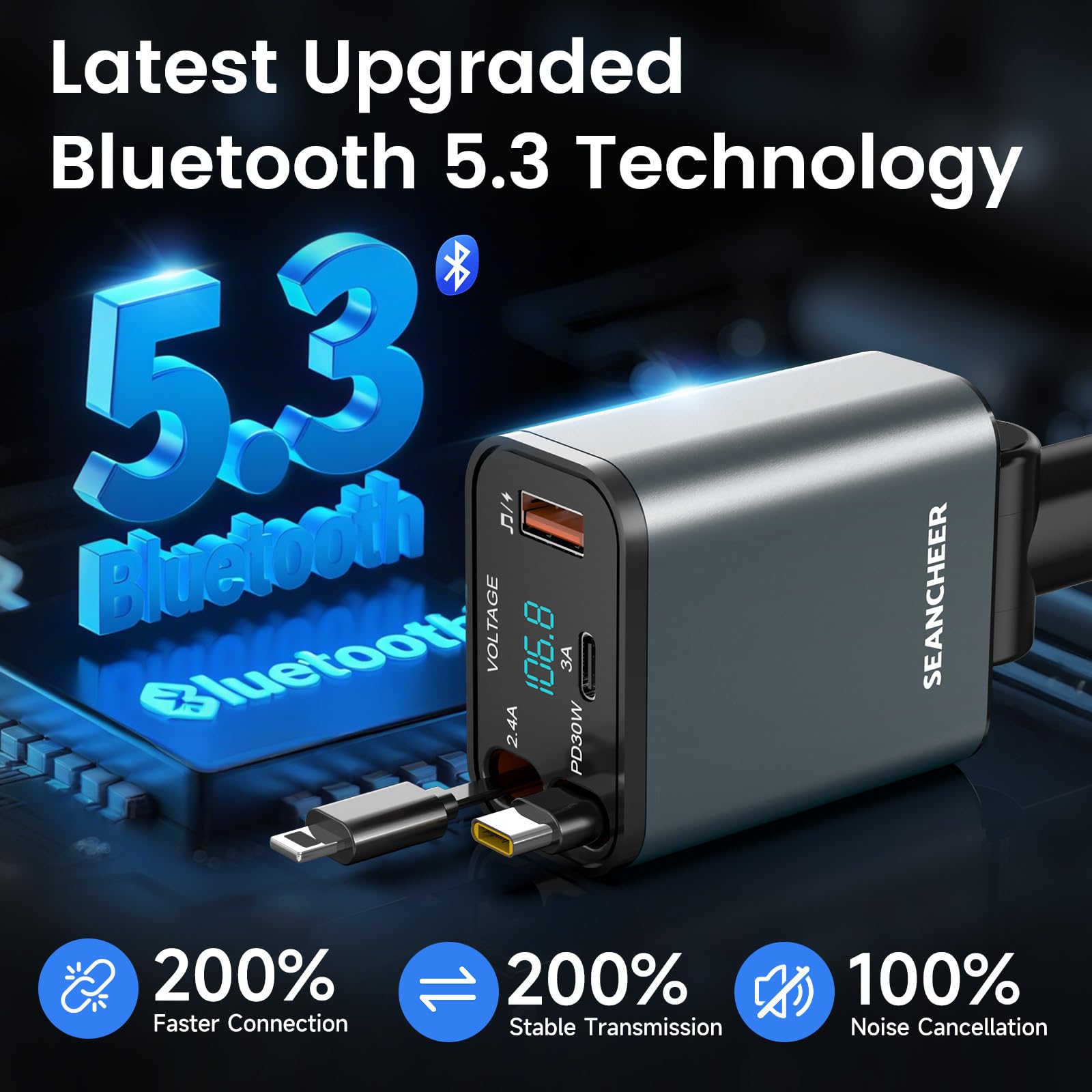 SEANCHEER Adapter Bluetooth do samochodu i zapalniczki samochodowej USB C, 69 W, ładowarka samochodowa z 2 zwijanymi kablami, transmiter FM