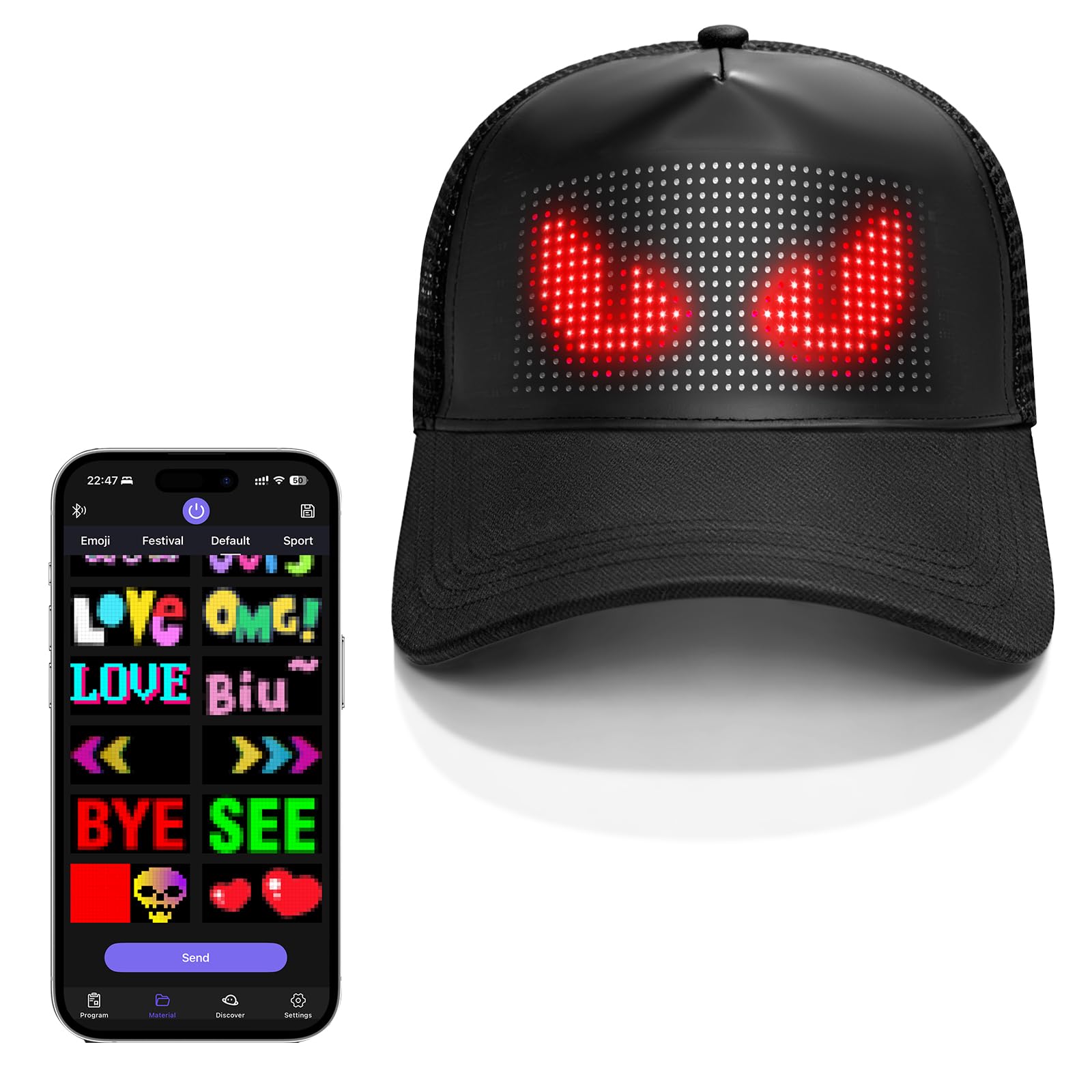Bright LED Kappe Smarte Bluetooth App-Steuerung, Programmierbare LED Basecap für Custom Text, Muster, Animationen, Karneval & Partys (Tiefschwarz)