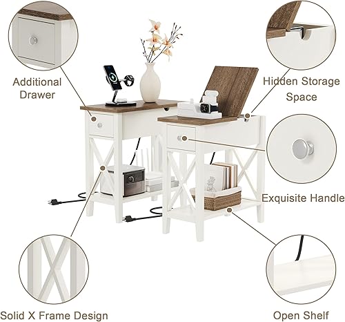 Miniatura 6 de ChooChoo Juego de 2 mesas auxiliares con estación de carga, mesa auxiliar estrecha con puertos USB y tomas, mesita de noche pequeña con cajón para