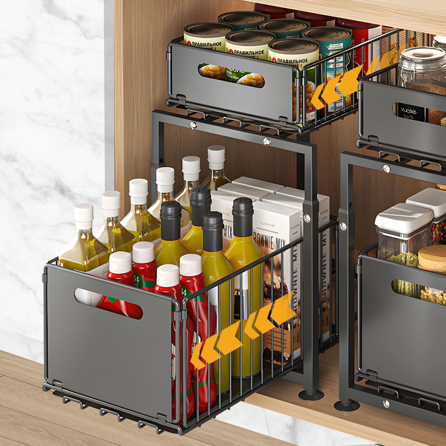 SHTALHST 2 Tier Under Sink Storage, Height Adjustable Under Sink Organiser, Foldable Kitchen Cupboard Organiser, Kitchen Cupboard Storage with Sliding Storage Drawer