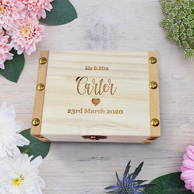 Personalised Engraved Wooden Keepsake Mini Wedding Rings Trinket Gift Box Heart Design Chest 14cm Engagement Valentines
