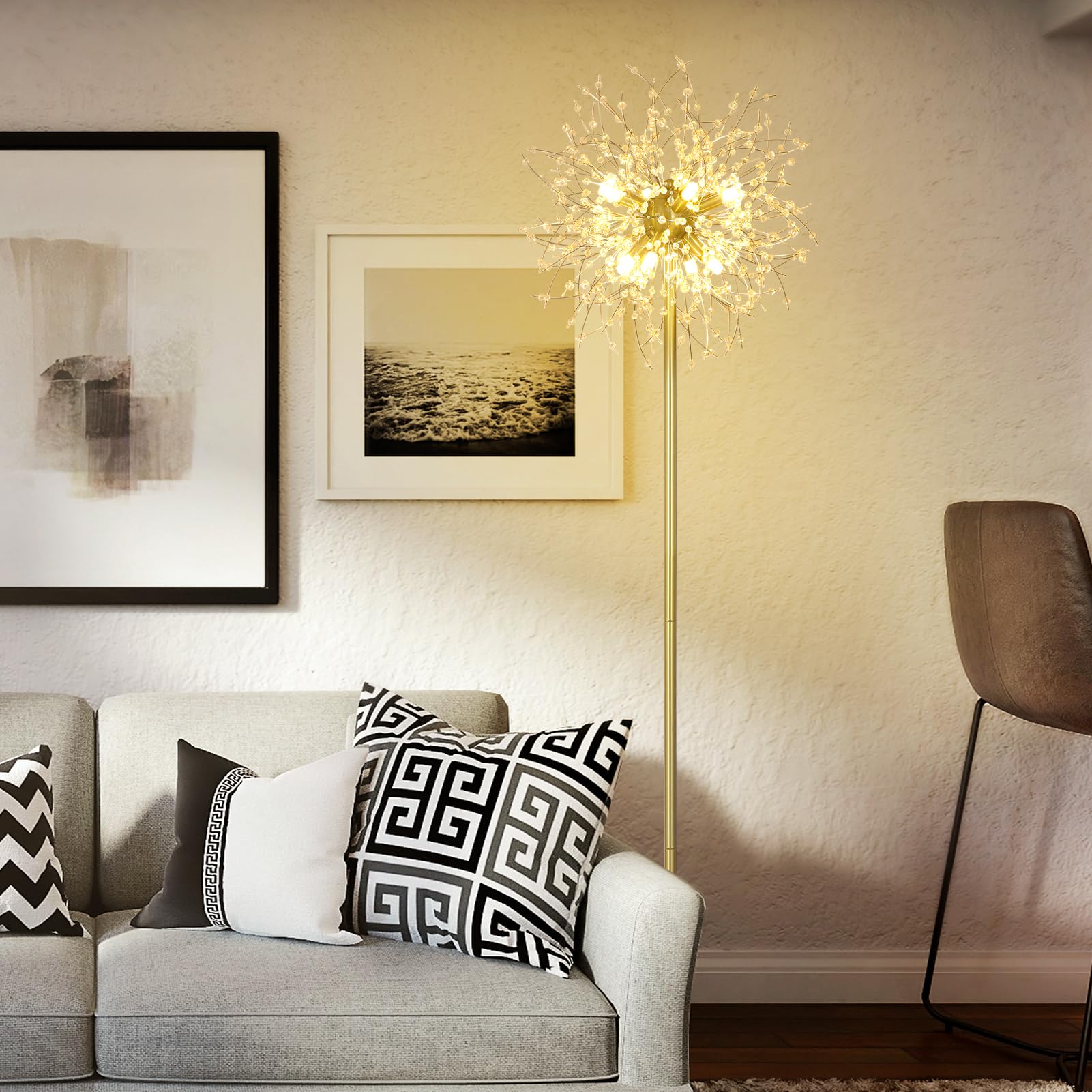 Rayofly Modern Stehlampen, Gold Feuerwerk Kristall Stehlampe Wohnzimmer, 8-Flammige Kristalle Stehlampen mit Fußschalter, Hohe 172CM, Glas Metall Stehleuchte, Golden Stehlampe für Schlafzimmer