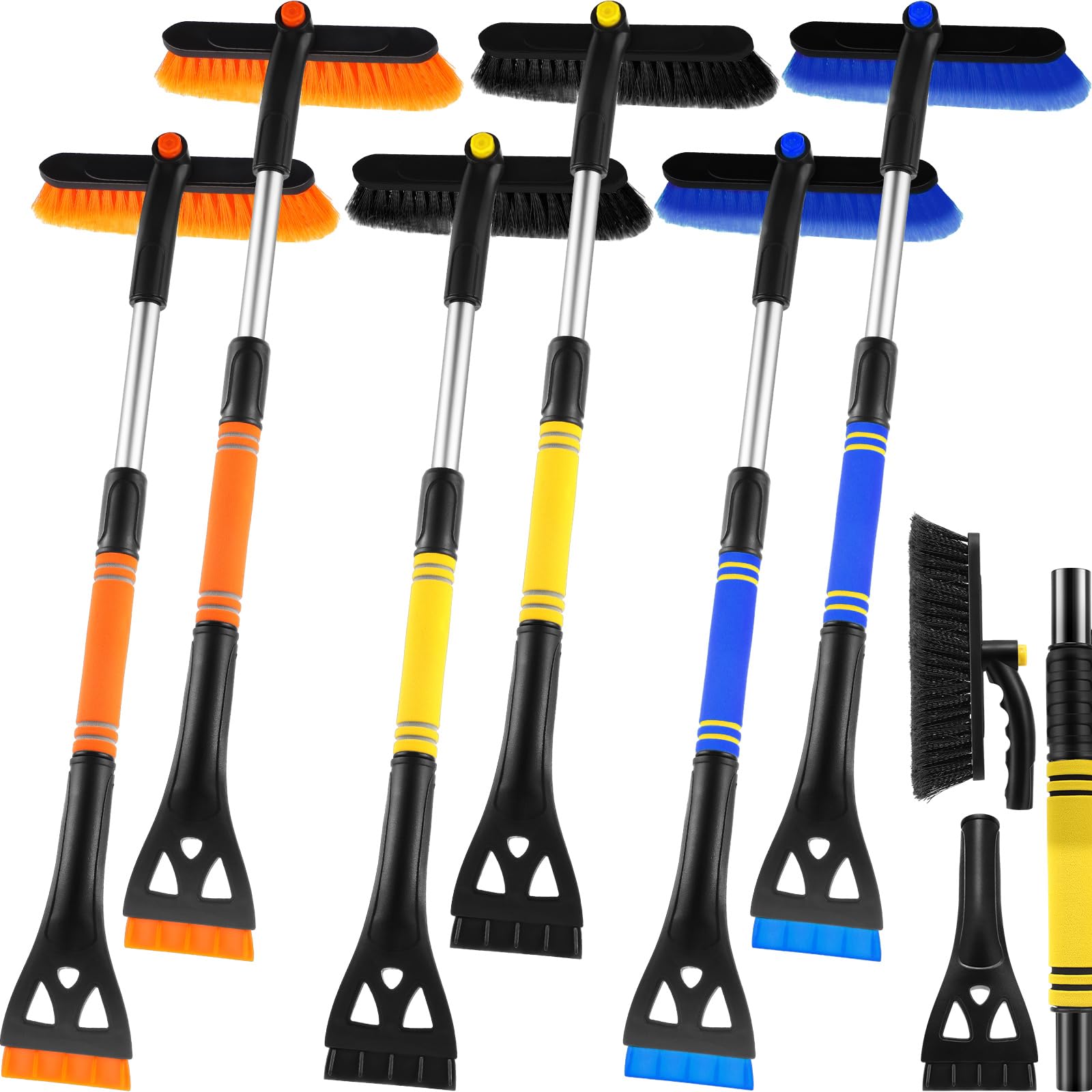 ROCEEI 6 Pcs Ice Scrapers for Car Windshield 31'' Snow Brush Car Ice Scraper with Foam Grip 2-in-1 Detachable Snow Scraper for Car SUV with Multiangle Rotating Brush and Extendable Thickened Metal Rod