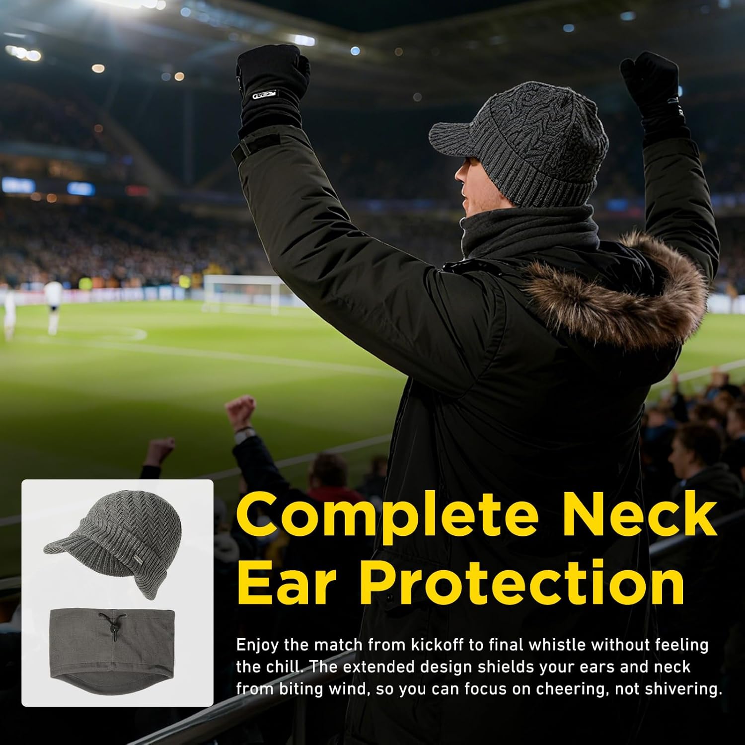 Comhats PolarWool™ Winter Wool Knitted Hat & Scarf Set for Men Visor Beanie Ear Flap Fleece Lined Cold Weather