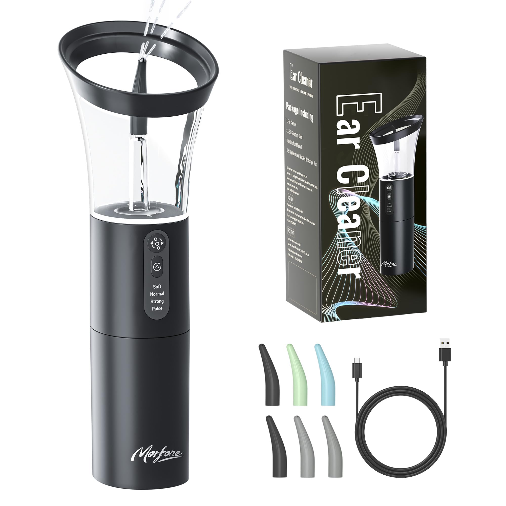 Ear Wax Removal Kit, Safe Ear Cleaner with Smart Water Temperature Sensor, One-Piece Waste Tank 6 Replaceable Nozzle Effective Ear Irrigation Kit with 4 Pressure Levels IPX6 waterproof