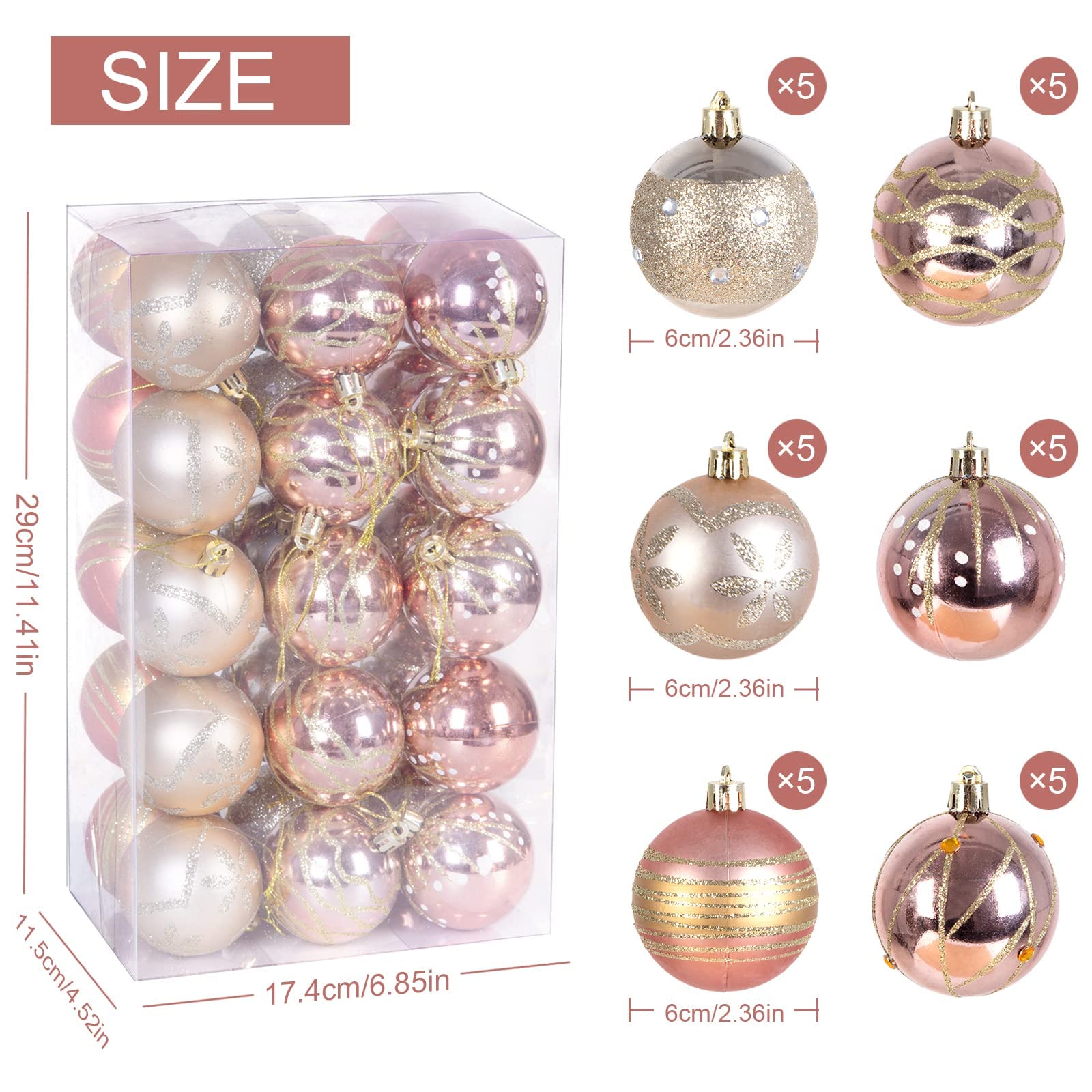 AGM 30 PCS Weihnachtskugeln 6 cm, Christbaumschmuck, Bruchsichere Glitzer-Ornamente, Hängekugel für Partys, Hochzeiten, Festivals (Roségold)