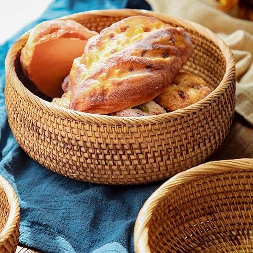 Miniatura 5 de Ochine Cesta de pan de mimbre natural, cestas de pan de frutas de mimbre vintage, cesta redonda para servir alimentos, cesta de sauce, cesta de