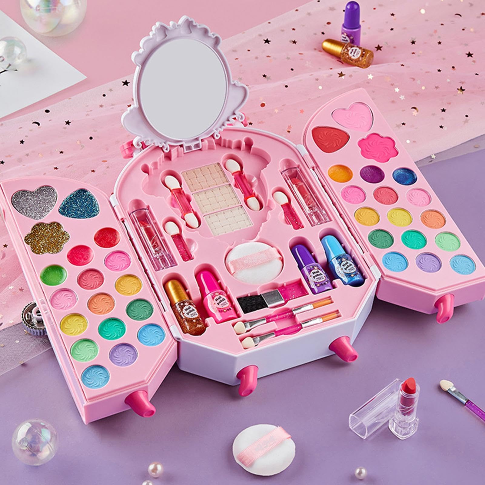 Trucco,Kit di trucco per ragazze, Kit di trucco lavabile per bambini Trucco di simulazione, Kit cosmetico, Kit di vestire Princess Vanity Case Trucco per ragazze da 3 a
