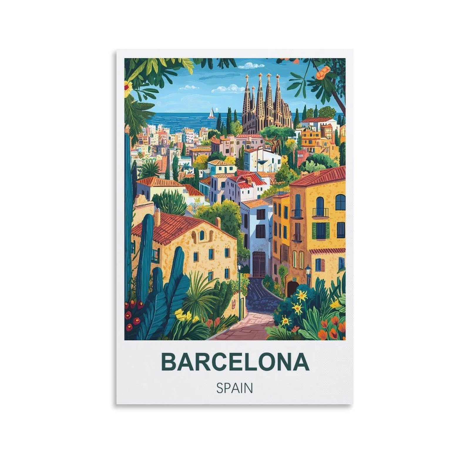 Fjiwecwsq Unframe-Style Barcelona Spain Vintage Travel Poster 16X24inch(40X60cm) Canvas Wall Art Painting Prints
