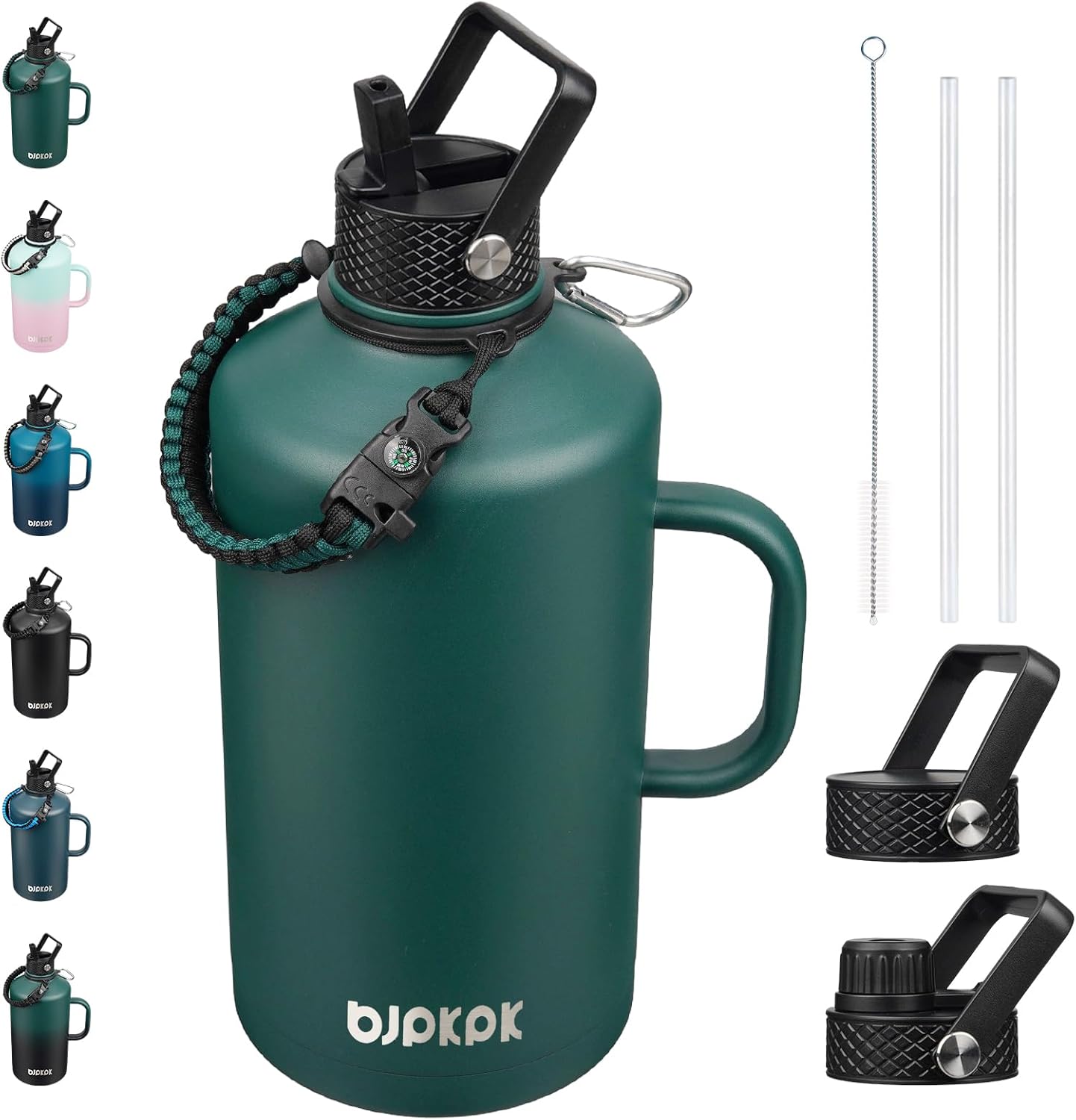 BJPKPK 1 Gallon Water Bottle Insulated with Straw Lid, 128oz Large, Stainless Steel Water Bottles with 3 Lids and Paracord Strap, Double Wall Vacuum Metal Water Jug,Army Green