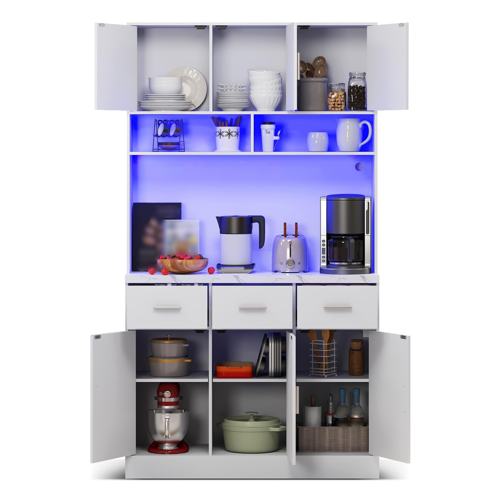 Küchenschrank 100x40x180cm, Buffetschrank mit Arbeitsplatte, Hochschrank mit LED-Beleuchtung und Steckdosen, verstellbaren Regalen und 3 Schubladen, für Küche Wohnzimmer, Weiß