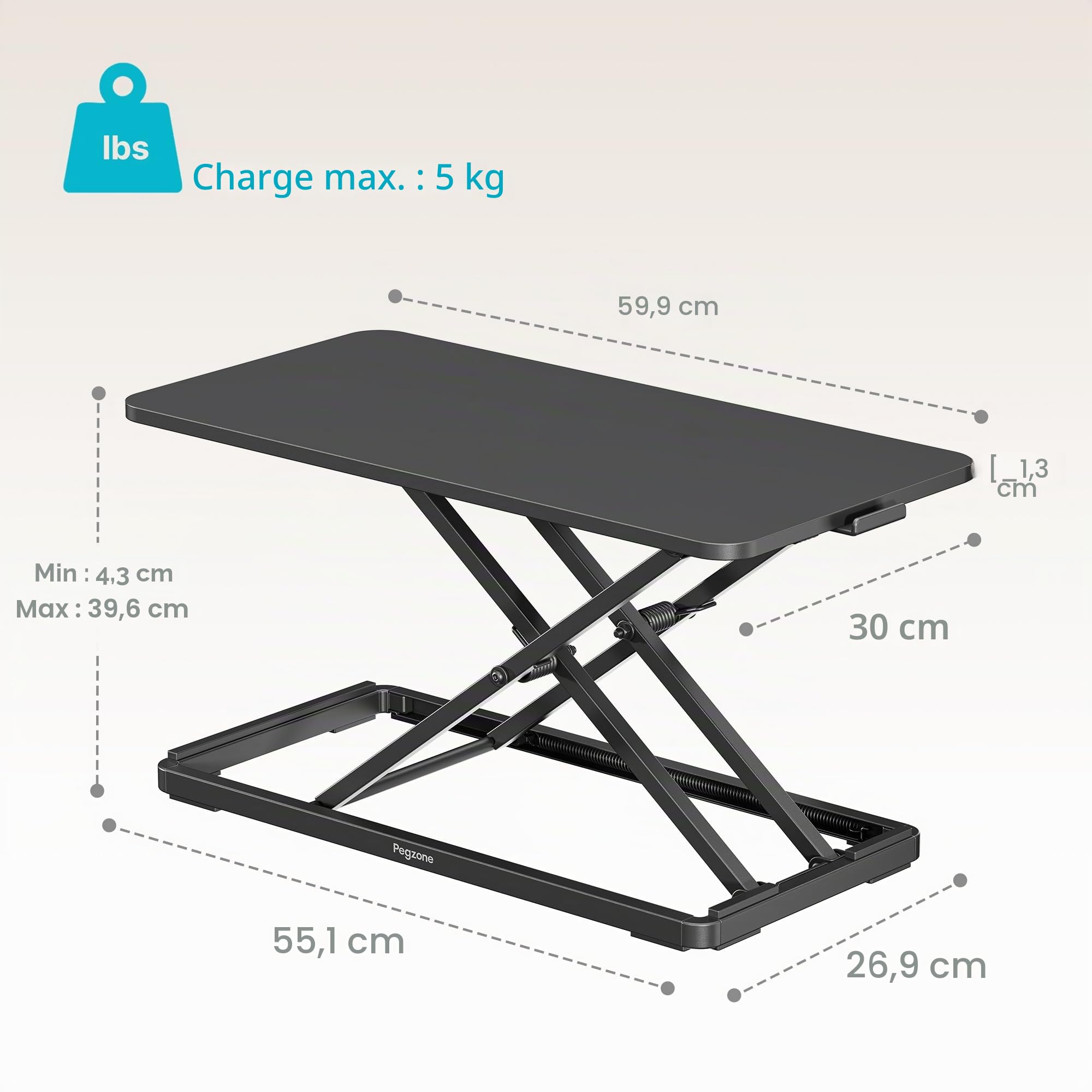 PEGZONE bureau assis debout ergonomique 61x30cm 6 niveaux réglable noir | Bureau debout hauteur 4,3–39,6cm, structure X métallique stable, sans montage, charge 5kg, patins antidérapants