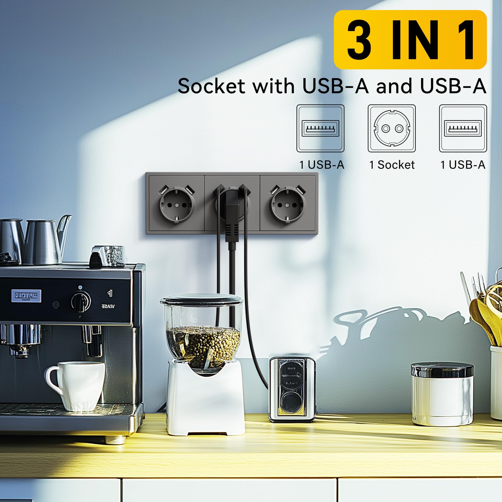 BSEED LIFE gniazdko wtykowe z zestykiem ochronnym z wejściem USB podtynkowe standardowe gniazdo ścienne 16 A z ramą PC, 80 x 220 mm, gniazdo incelne z pazurami, łatwa instalacja, potrójne, szare