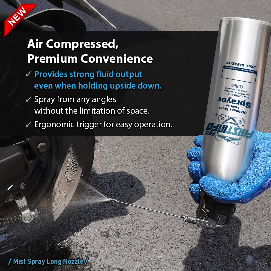 FIRSTINFO A1636K | Pulverizador recargable de acero inoxidable 650 ml para limpiador de frenos | Presión máxima 110 psi | Lata tipo aerosol reutilizable con 4 boquillas intercambiables