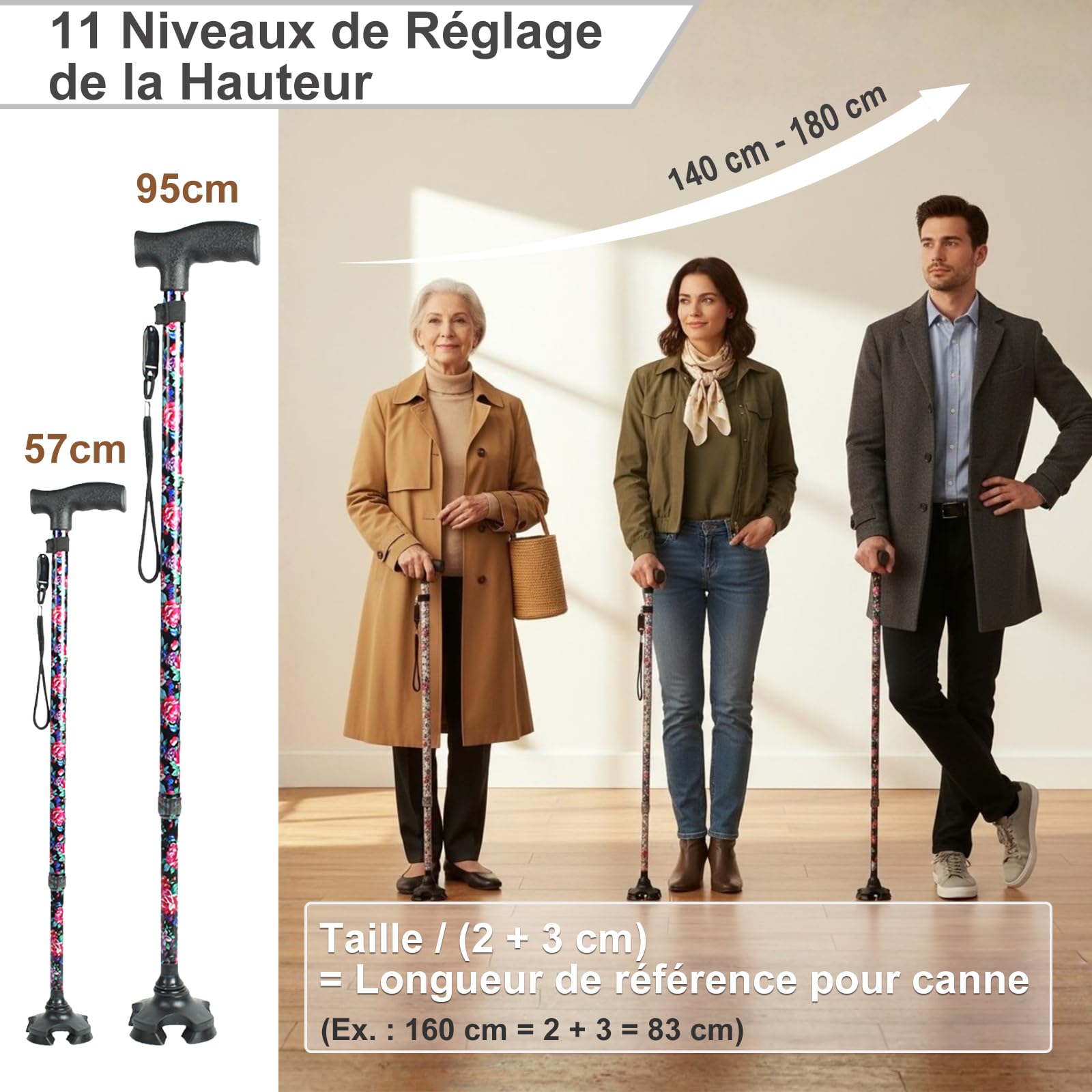 BeGrit Canne de Marche Telescopique 57-95 cm Cannes Tripode en Aluminium