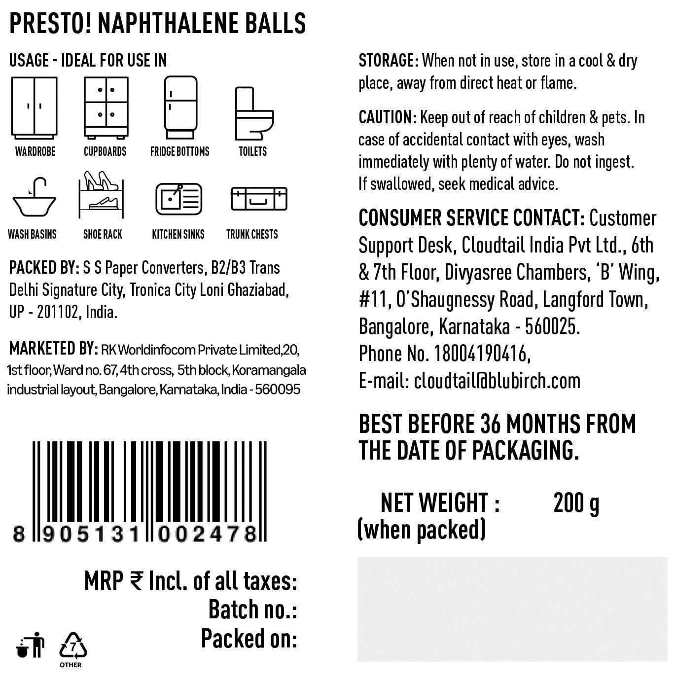 Amazon Brand - Presto! Naphthalene Balls | 400 Grams | 200 Gms X 2 Packs | Insect Repellant | Ideal For Cupboards, Bookshelves And Toilets 3