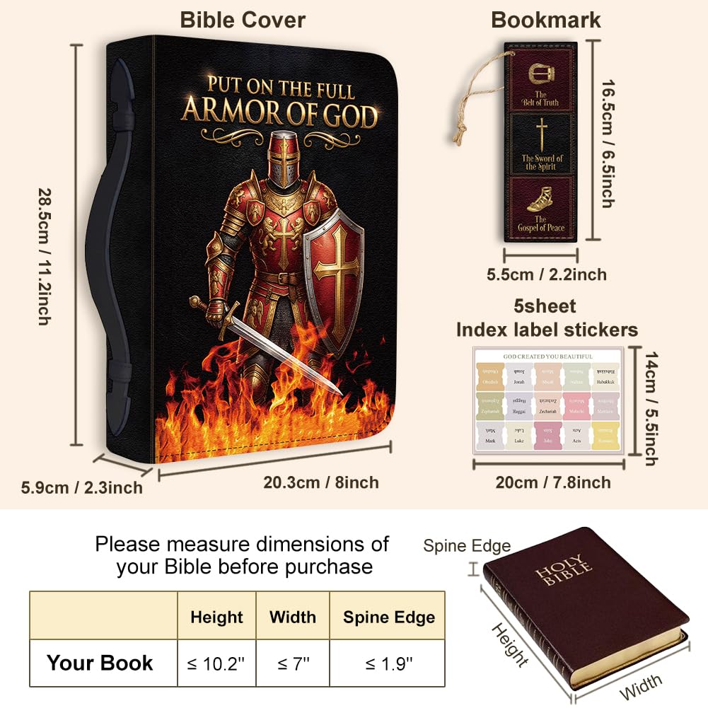 Hobbspring Chivalry Bible Cover Case for Men Women Fire Chevalier Bible Cover with Bookmark Passionate Carrying Book Cases with Handle and Zipper PU Leather Bag for Adults Students(Bronze) - Image 2