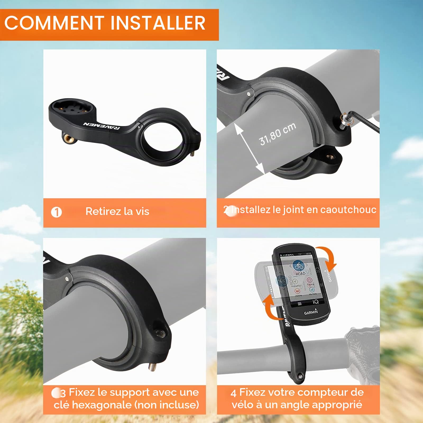 RAVEMEN AOM01 Support Compatible avec Garmin/COOSPO/CYCPLUS/iGPSPORT Compteurs Vélo, Compatible avec GoPro/FR160/Éclairage Avant,Convient aux guidons de 31,8 mm