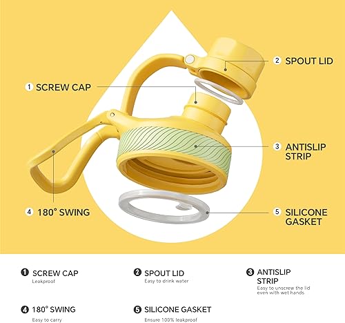 Miniatura 6 de IDEUS Botella de agua aislada de acero inoxidable con 2 tapas a prueba de fugas, termo para senderismo, ciclismo, 32 onzas, amarillo brillante