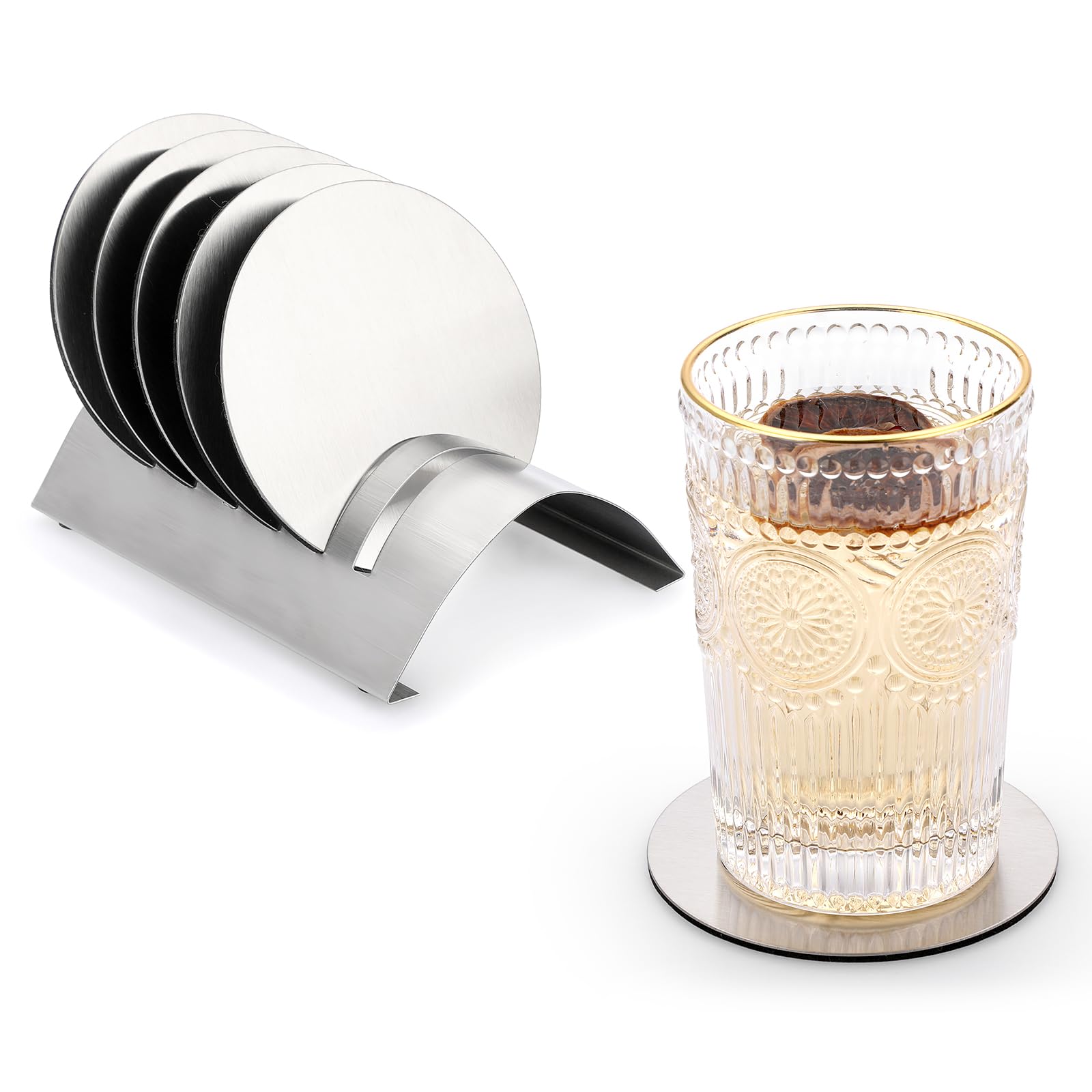 BTSKY 6pcs 10 * 10cm Brushed Stainless Steel Coasters with Stand - Round Cup Coaster with Foam Bottom, Beverages Coasters Set