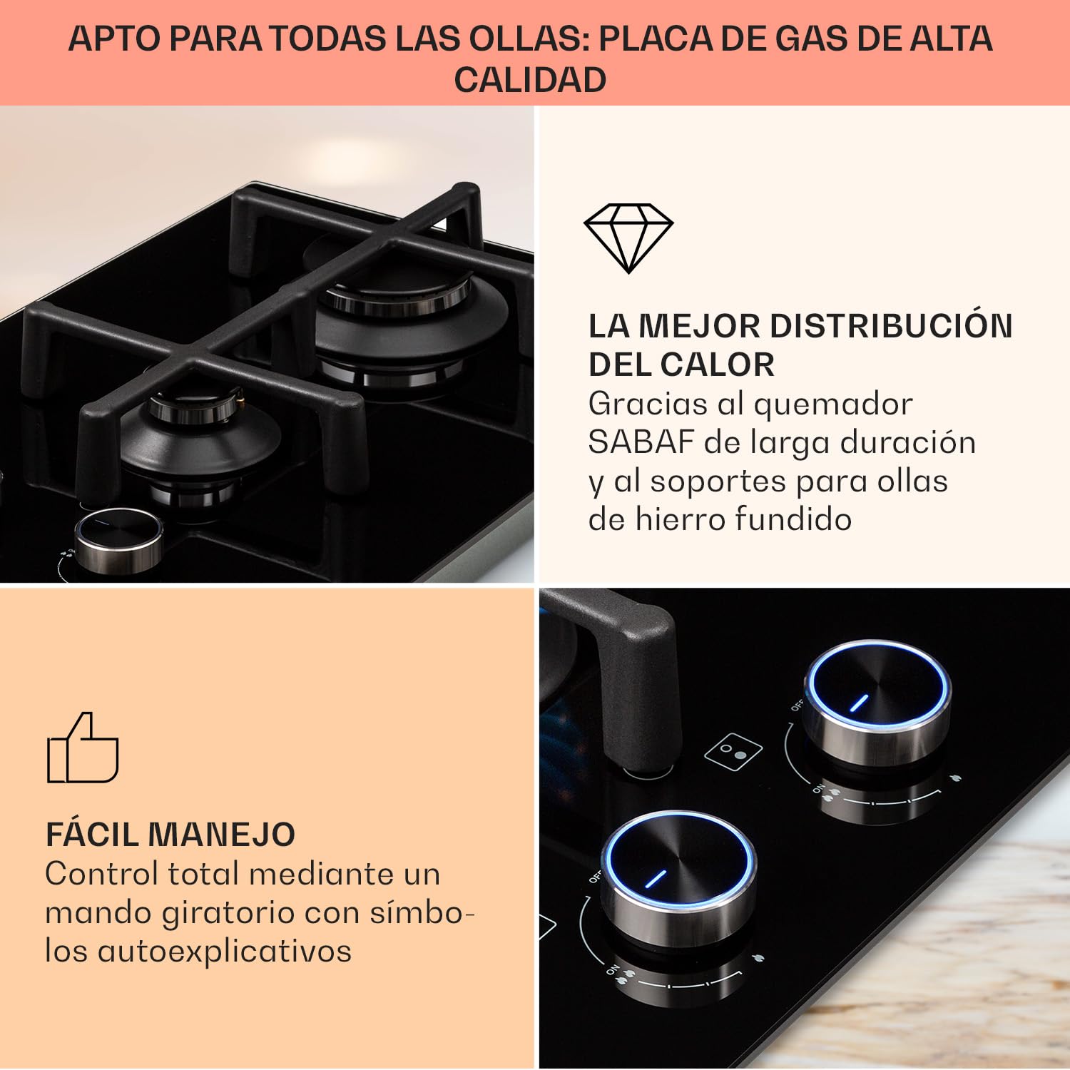 Klarstein Encimera Cocina de Gas, 2 Quemadores, Placa de Gas 4000W para Cocina, Cocinas de con Quemador Wok de Acero Inoxidable, Encimera 2 Fuegos con Quemadores de para Casa