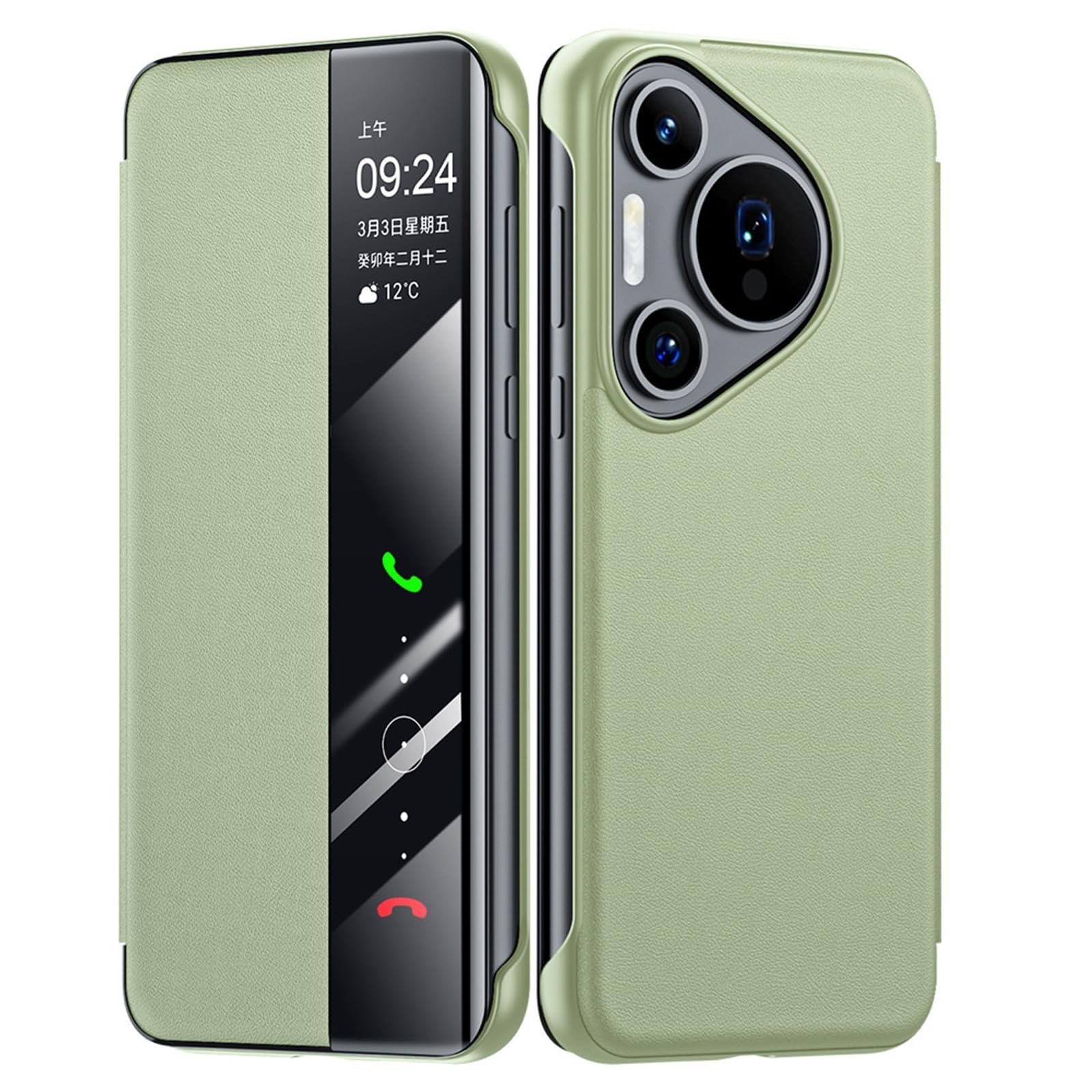 Coque Huawei Pura 70 Pro étui à rabat fin en cuir vert avec fenêtre transparente