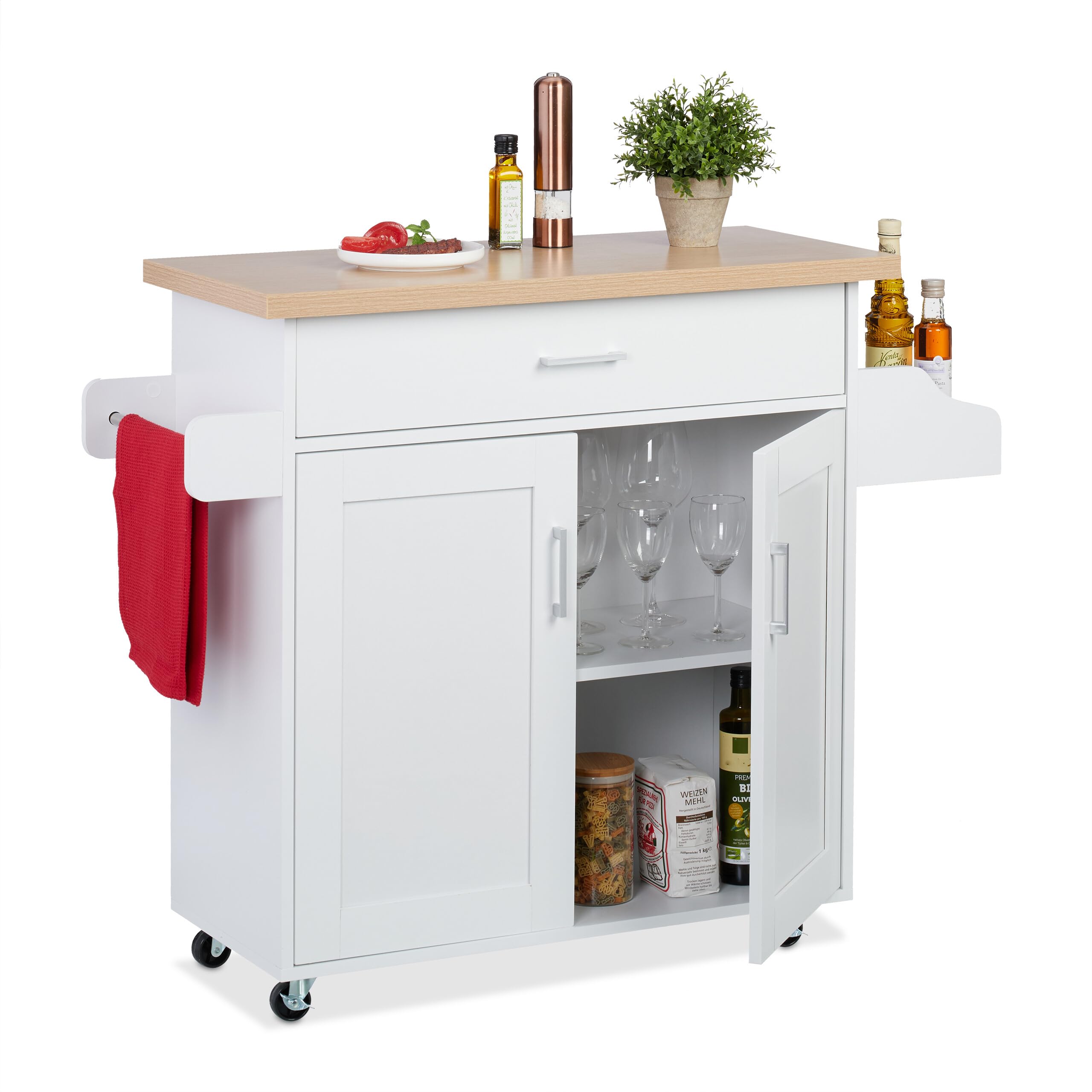 Relaxdays Carrito Auxiliar de Cocina, Camarera con Encimera y Cajón, 2 Compartimentos, 90x114,5x39,5 cm, Blanco/Natural, Tablero de Fibras