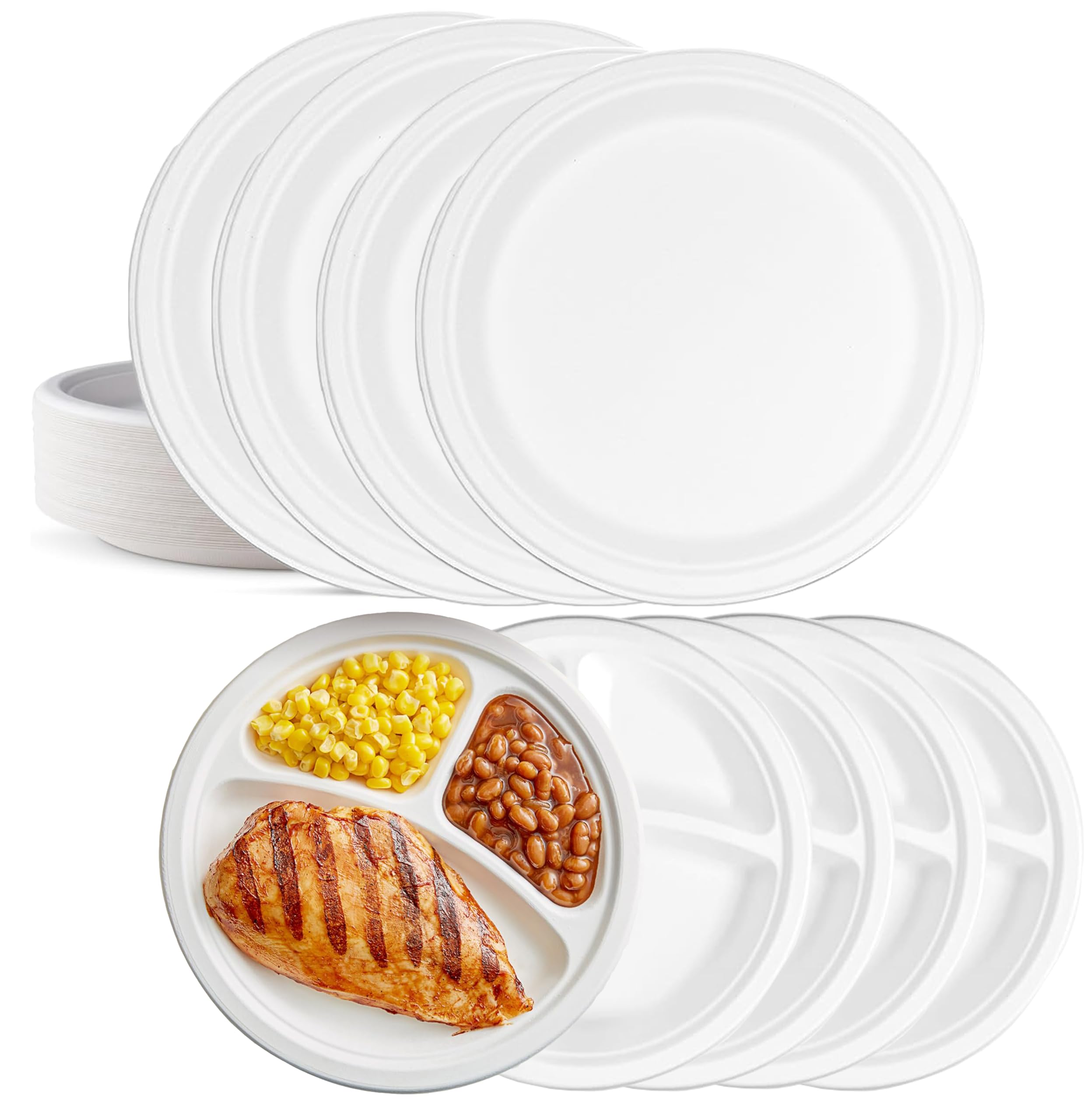 A406 10" Disposable Plates Biodegradable Bagasse Plates, 3 Compartment Plates Eco Friendly Compostable Party Paper Plates 9" (100, 9")