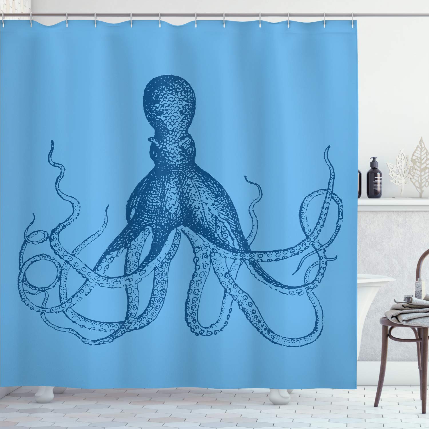 Amazon.com: Ambesonne Cortina de ducha de pulpo, tentáculos de animales  marinos monocromáticos en boceto de la vida subacuática, juego de  decoración de baño de tela con ganchos, 69 pulgadas de ancho x
