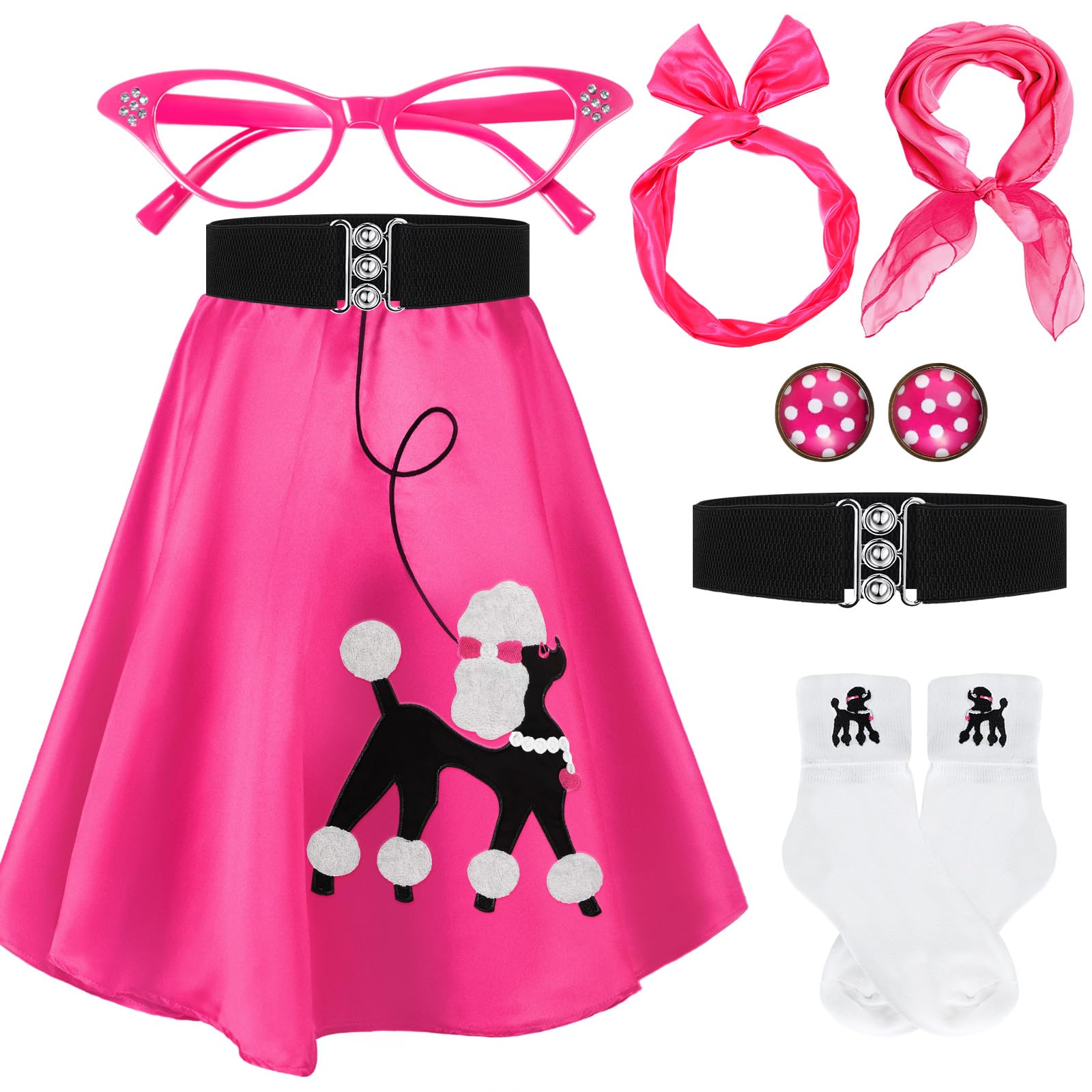 Breathffy Women 1950s Poodle Skirt Costume Outfit Sock Hop Costume Skirt Scarf Belt Sock Eyeglass(Small,Hot Pink)