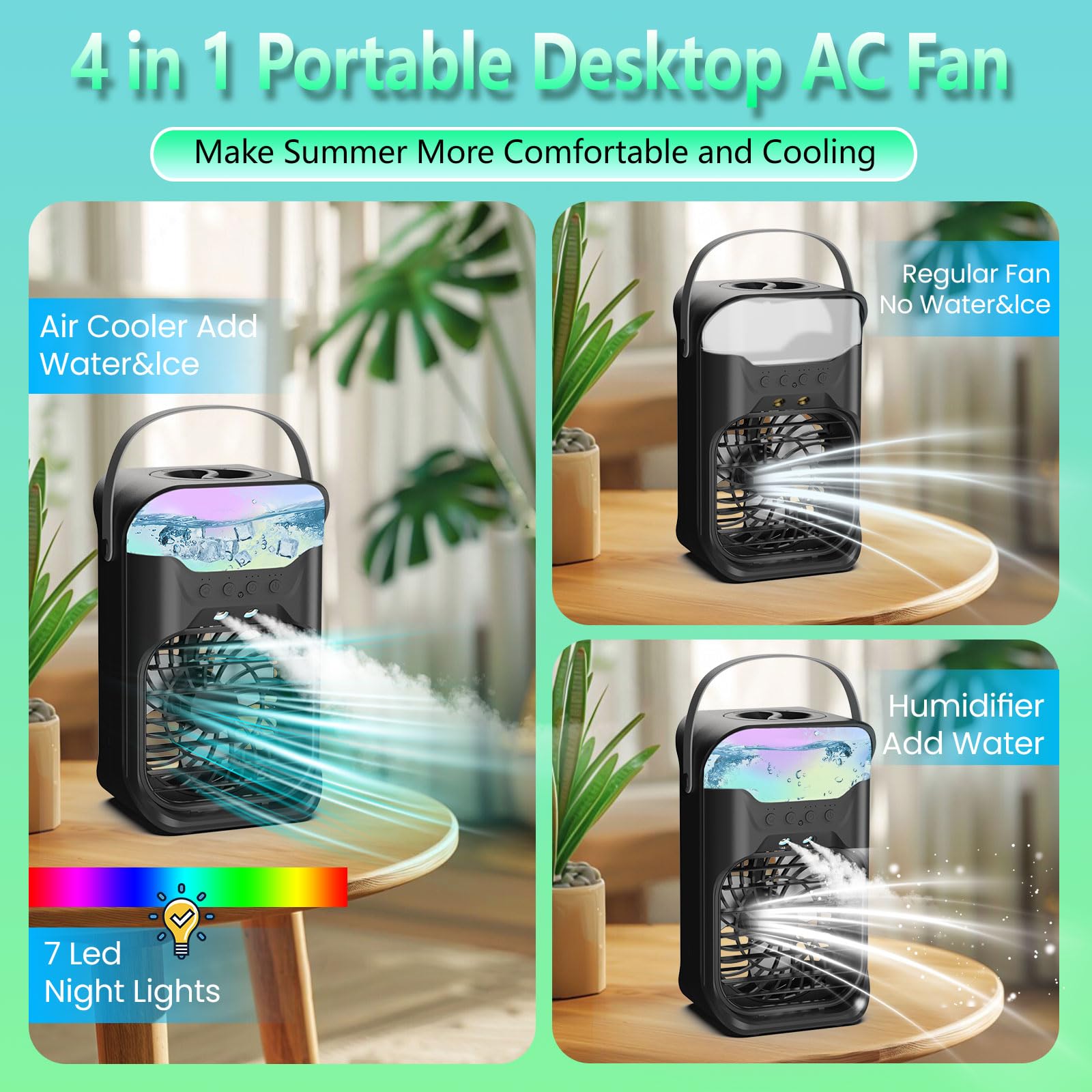 Aire acondicionado portátil pequeño, unidad de CA portátil con control remoto, tanque de agua de 1.5L, 3 velocidades, 2 nieblas frías, 3 temporizadores, 7 luz nocturna, mini aire acondicionado 3