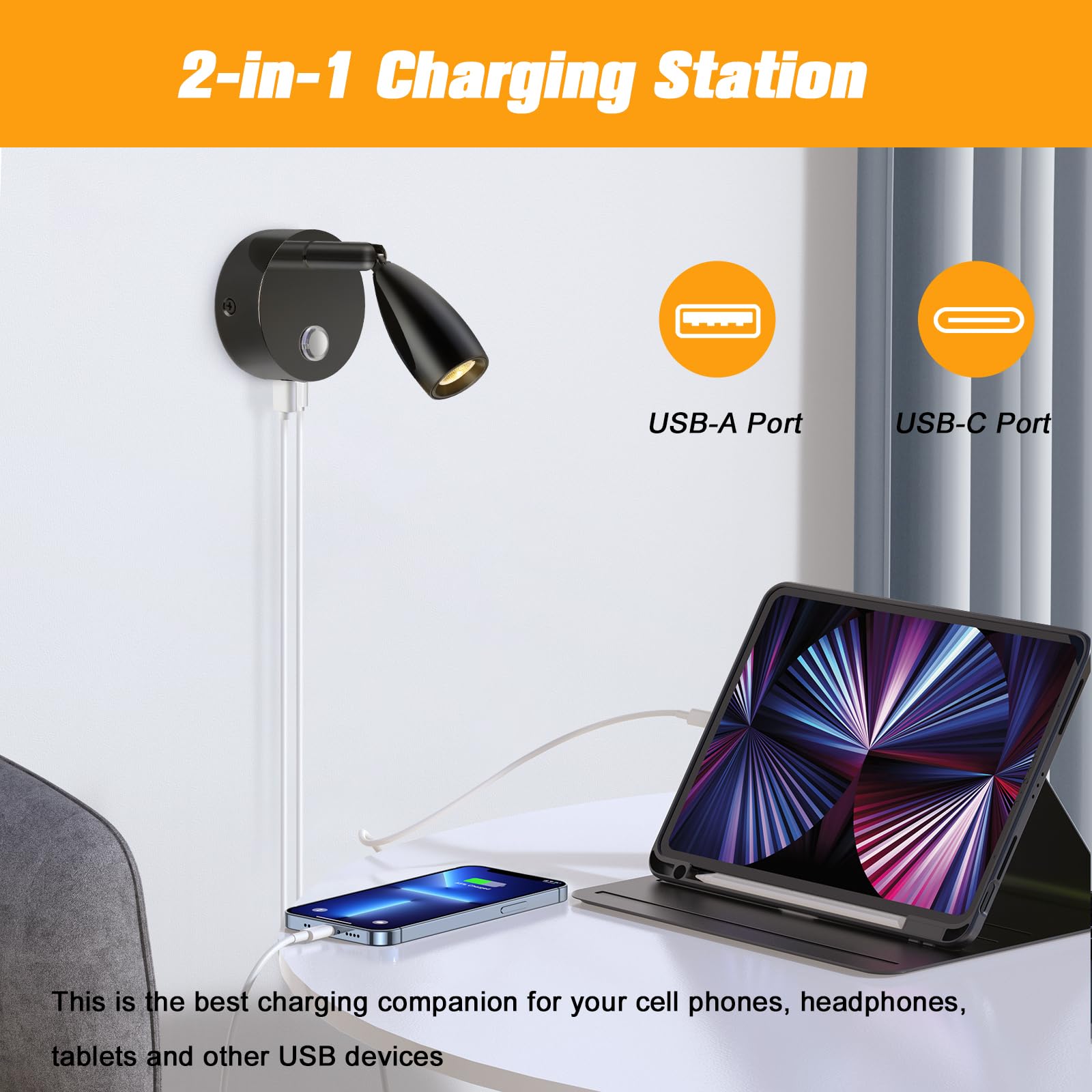 ERWEY Lampe de lecture LED 12V camping-car Touch Dimmable 3 modes de température de couleur, lampe murale avec connecteurs USB A+C, DC 12V-24V pour bateau voiture camper van yacht, Noir
