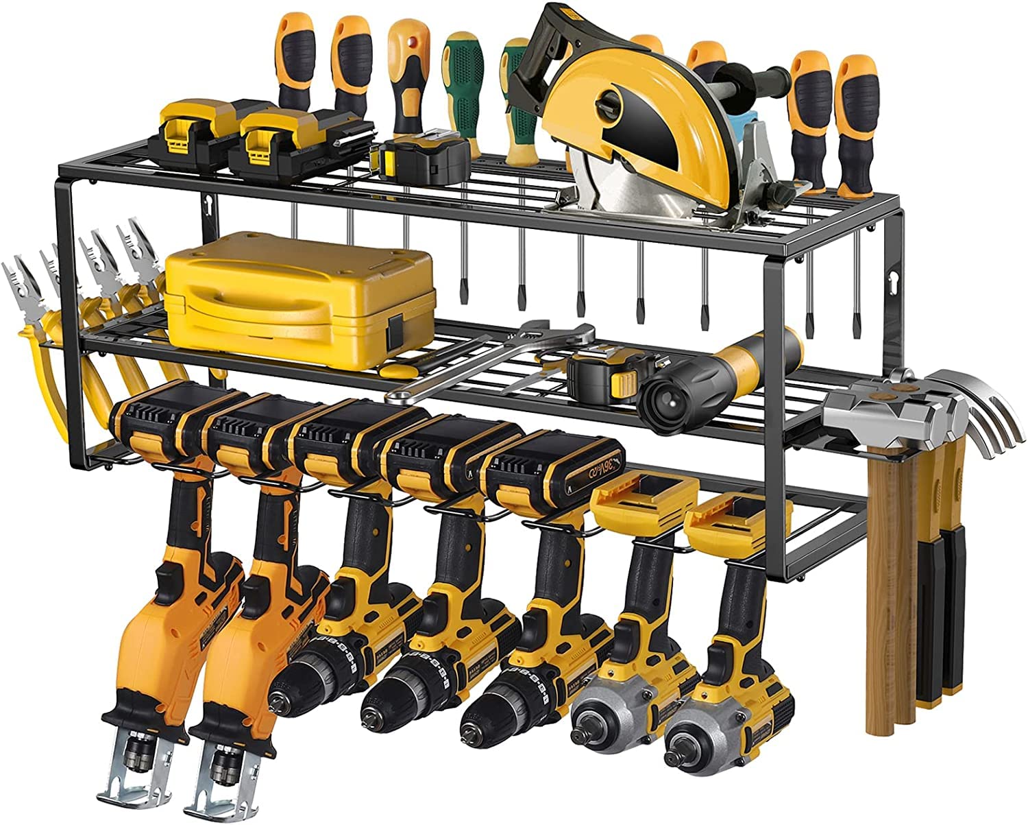 IVP Brands Heavy-Duty Power Tool Organizer for Garage or Workshop Wall-Mountable, Holds up to 7 Drills, Screw Drivers, Pliers and Hammers. 10-Feet Extension cord for battery charging station