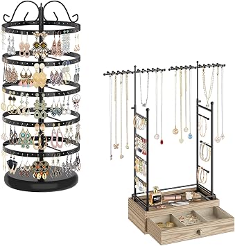 MODOWEY Rotating Jewelry Earring Holder Organizer Display Stand, Adjustable Metal Tree Rack Hanger for Women Stud Dangle Long Necklaces Bracelet Ring Large Storage Tall Hanger Tower