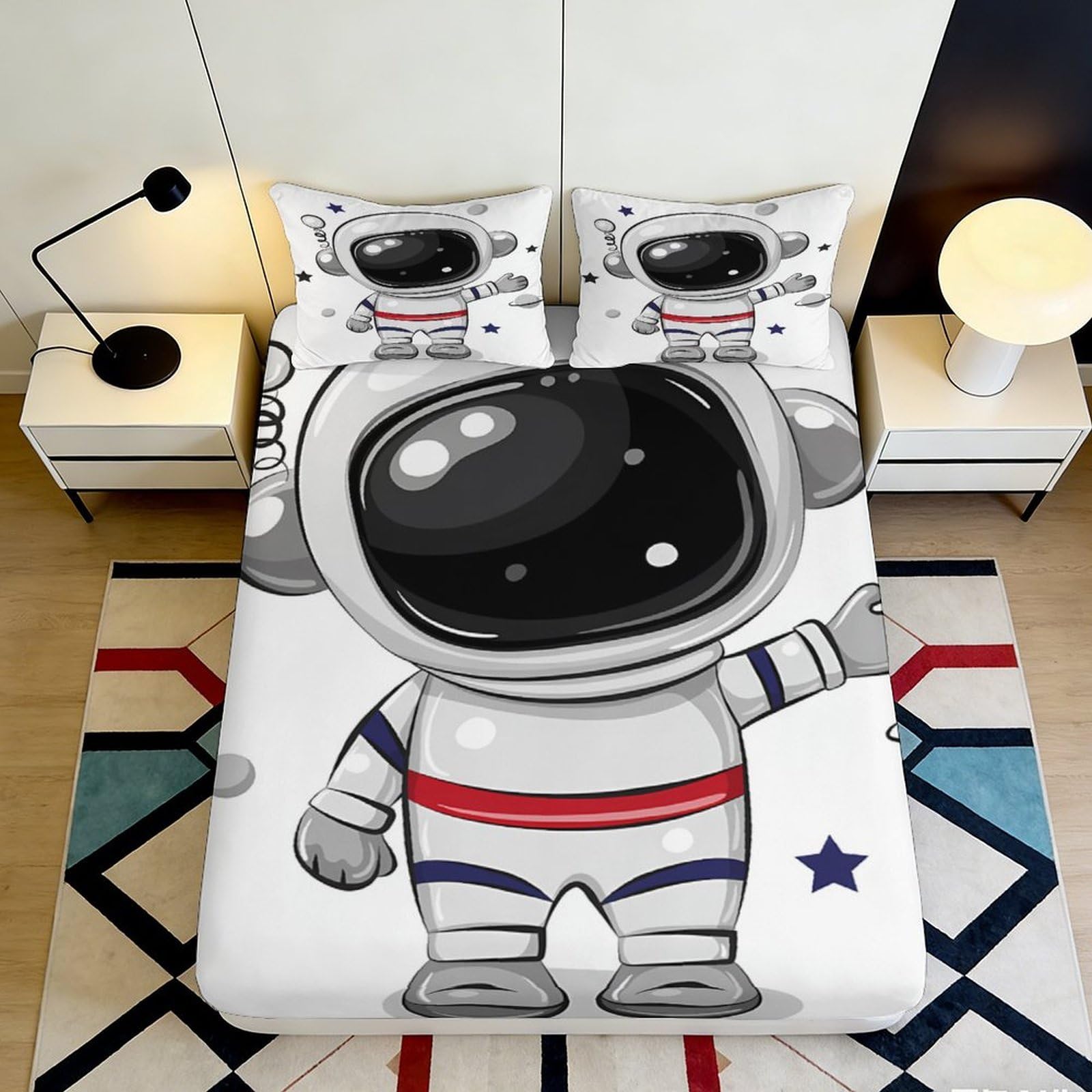 3D Printed Astronaut Fitted Sheet Microfiber Soft Breathable Space Design Mattress Cover for Bedroom Dormitory Guest Room Bed Protection 180x200x25cm