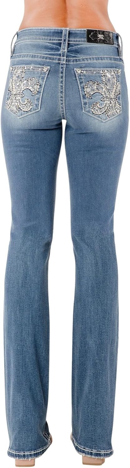 Miss Me Women's Floral Fleur De Lis Embellished Pockets Mid-Rise Bootcut Jeans
