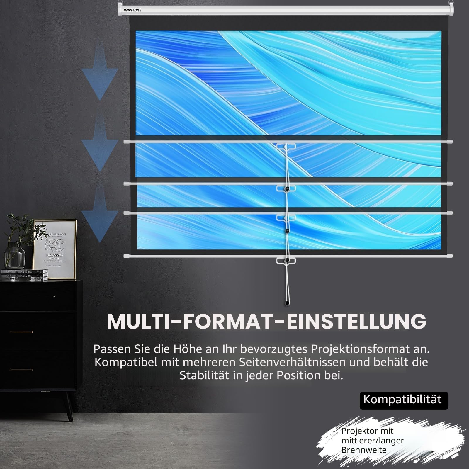 WASJOYE Manueller Leinwand Beamer Rollo mit Universal 120-Zoll Roll-Down einziehbarer manueller Projektionsschirm mit automatischer Verriegelung, Einstellbarer Bildschirmhöhe