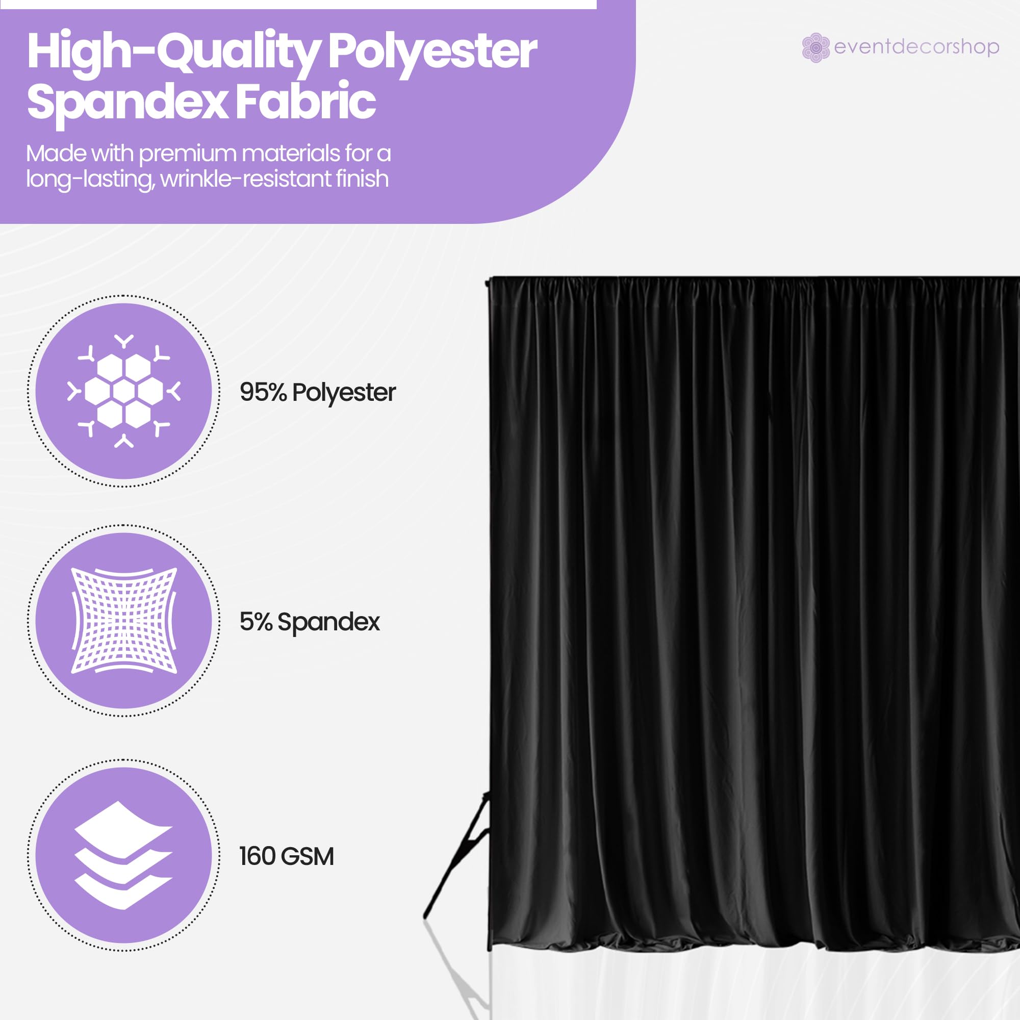 Rideau de fond en élasthanne - Tissu polyester infroissable pour photographie, mariage et décoration d'événement - Drapé extensible pour fête prénatale, fête et fond de scène - Noir 3 x 6 m