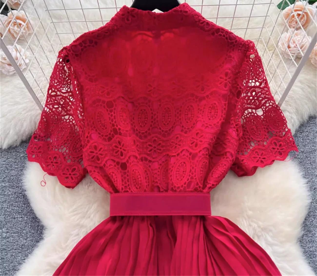 Abito estivo da donna a pieghe a tinta unita, elegante, a maniche corte, casual, a vita alta