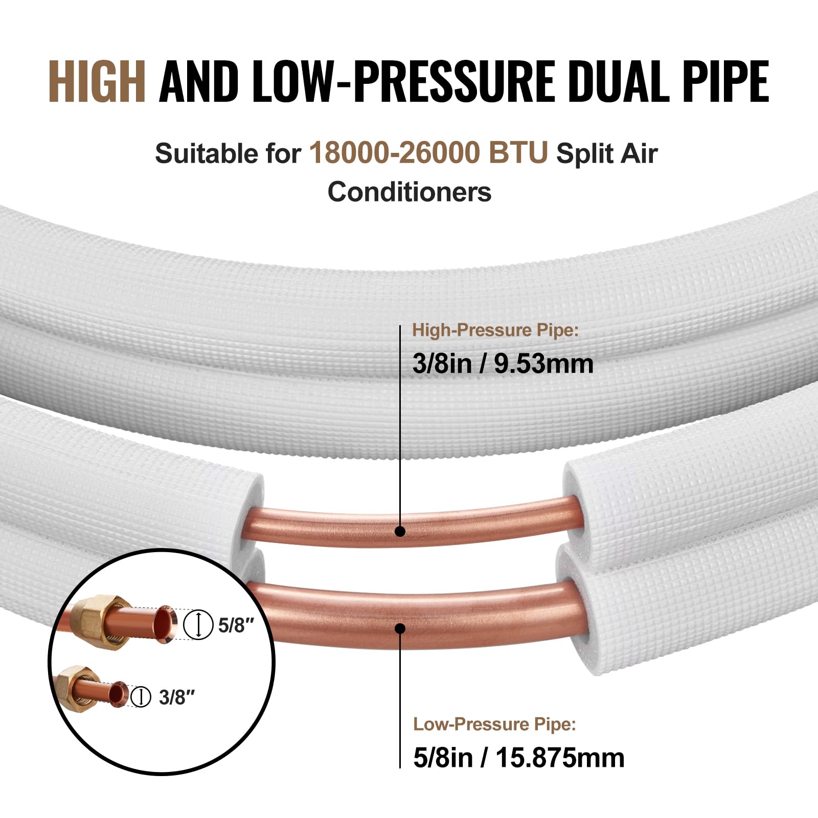 VEVOR 50FT Mini Split Line Set, tubi in rame con diametro esterno da 3/8" e 5/8" e isolamento per aria condizionata, refrigerante o pompe di riscaldamento e HVAC con strisce di avvolgimento.