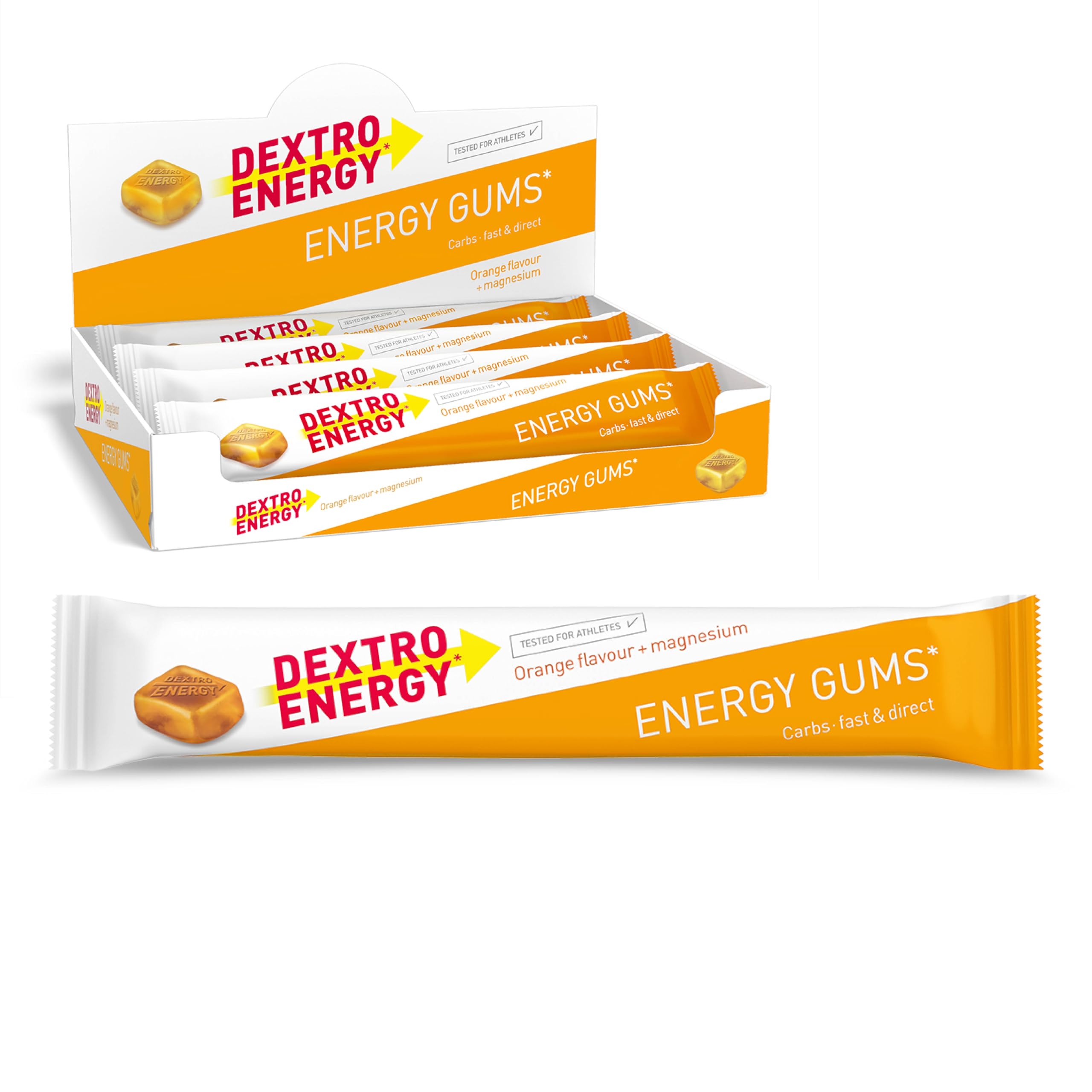 Dextro Energy Gums Orange + Magnesium - 8x45g (8er Pack), High Carb Sport Gummies zur schnellen Kohlenhydrate Versorgung