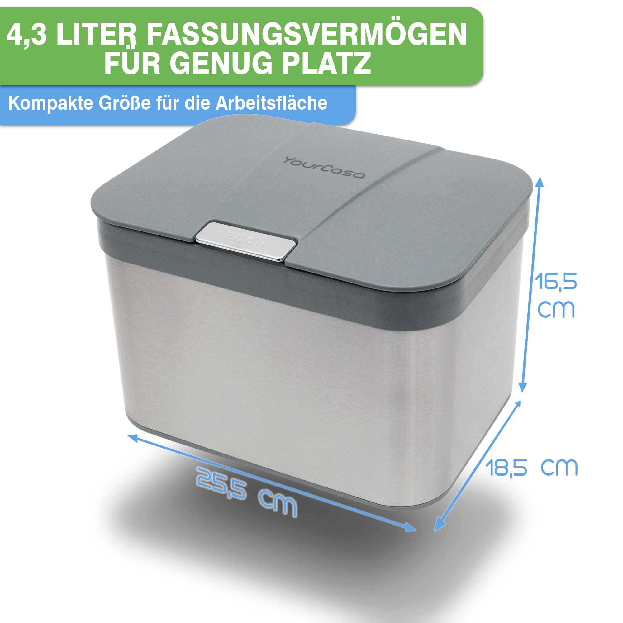 YourCasa® Biomülleimer Küche 4,3 L aus Edelstahl - geruchsdichter Bio Mülleimer mit Deckel & spülmaschinenfestem Inneneinsatz - hochwertiger Komposteimer & Biomüll Behälter klein (Grau)