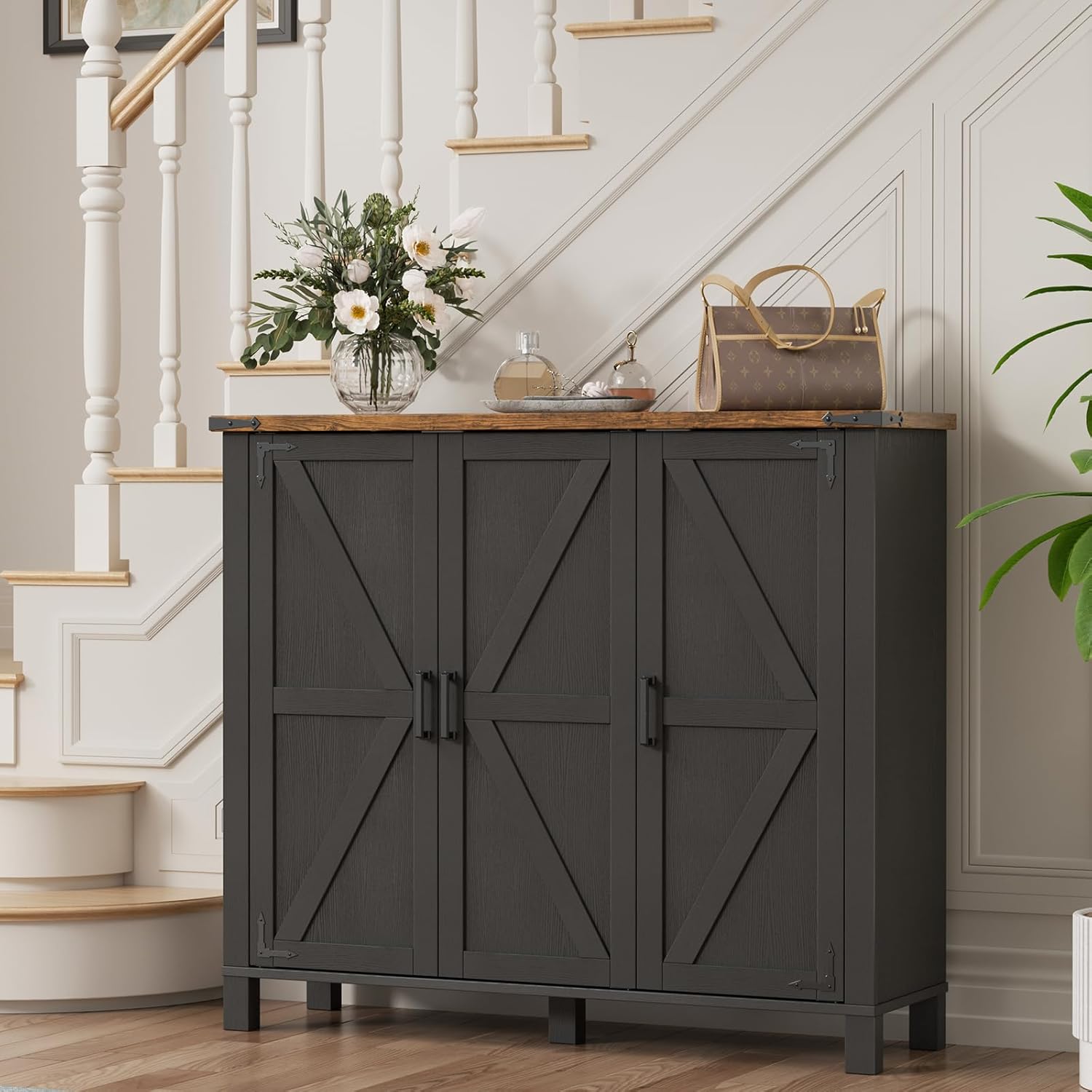 5-Tier Shoe Storage Cabinet, Farmhouse Shoe Rack Organizer Cabinet with 4 Adjustable Shelves & Side Cabinets, Freestanding Shoe Cabinet Storage with Anti-tip Fitting for Entryway, Black