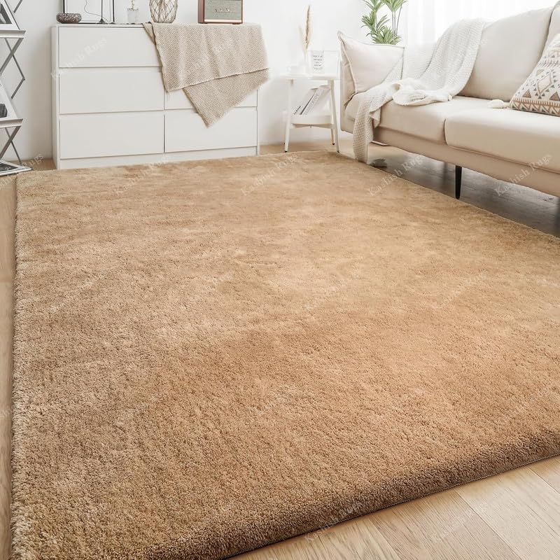 Carpet for Hall 5x7 feet Shaggy Rug Handmade Microfiber Cozy Soft, Plush & Fluffy Anti-Skid Rectangular Carpet & Rugs for Living Room & Bedroom with 2 inch Thickness, Beige Plain Carpet-image-16