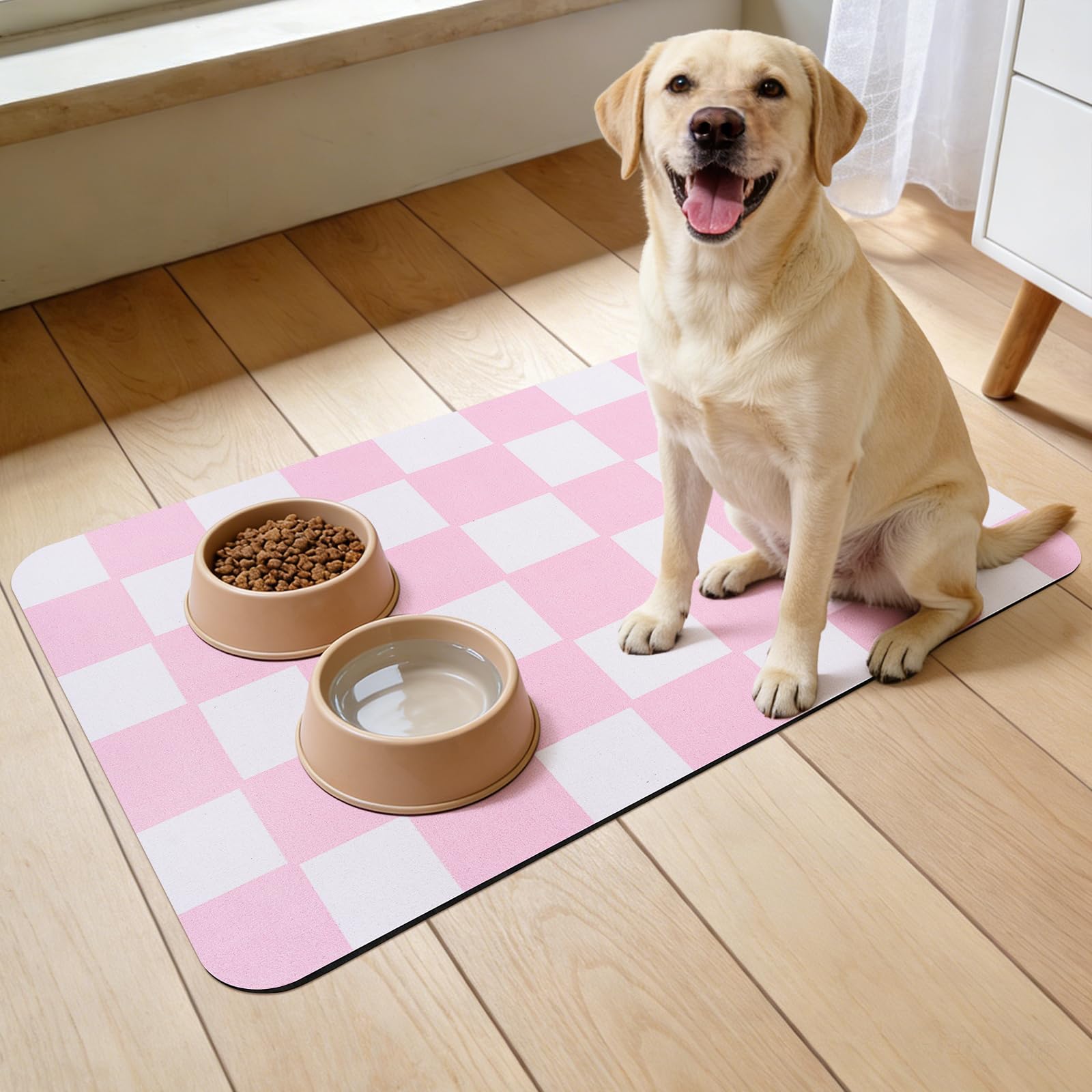 Guittly Pet Feeding Mat Absorbent, Cat Dog Food Mat 50x30cm, Non Slip Pet Placemat for Dogs Cats (Pink, 50x30cm)