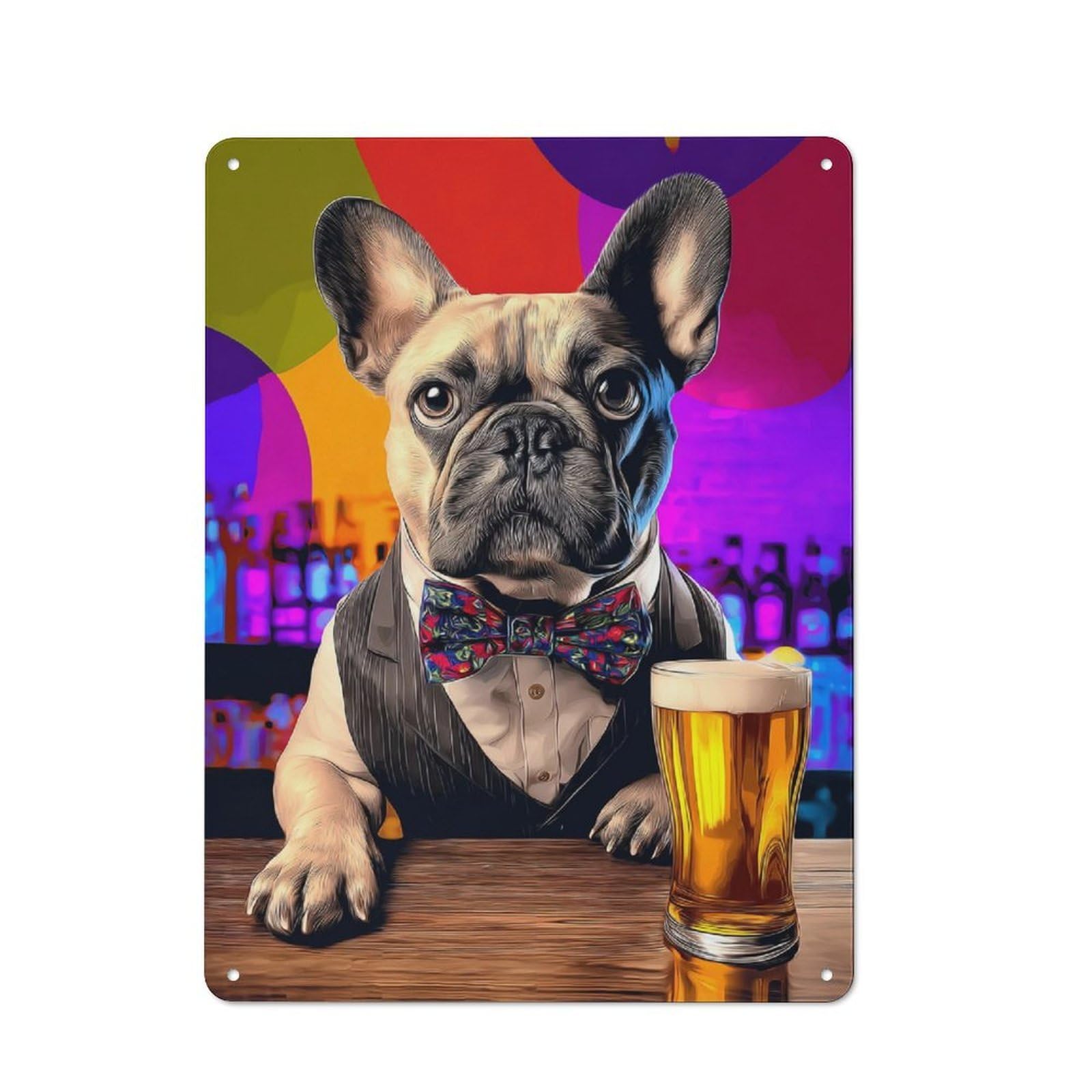 Junmoney French Bulldog In Tuxedo With Beer Rustic Tin Wall Plaque 40X30cm Featuring For Pub Or Café, A Decorative Christmas Gift For Café Interior Fans
