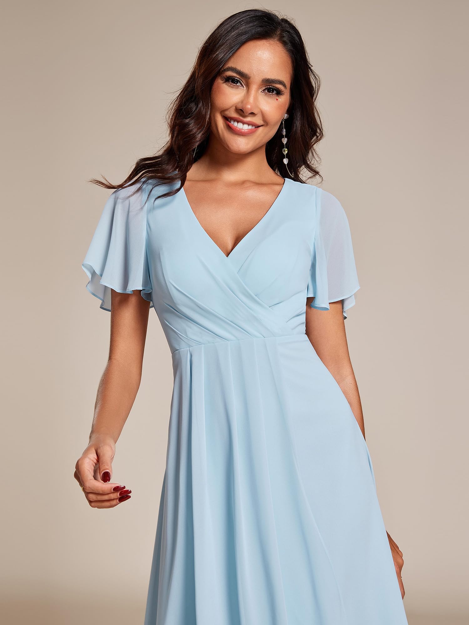 Ever-Pretty Hochzeitsgastkleid V Ausschnitt Rüschenärmel Chiffon Knielanges Abendkleid EG02084-P
